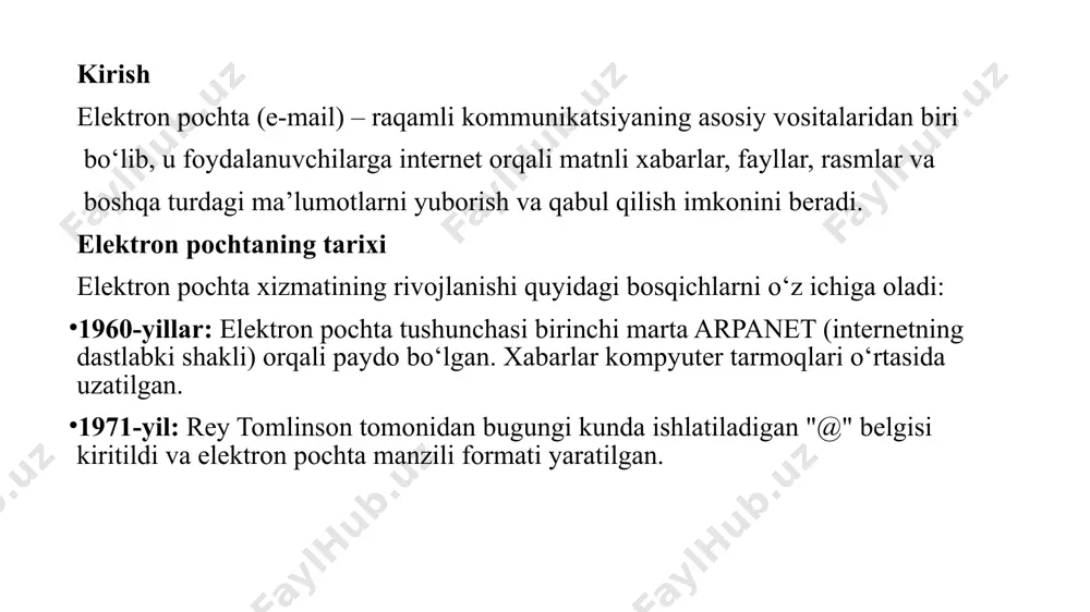 va yuboradi. smtp server xabarni qabul qilib oladi va uni qabul qiluvchi manzilga yetkazadi. imap yoki pop3 server yordamida foydalanuvchi xabarni o‘z qurilmasiga yuklab olishi yoki uni serverda saqlab, o‘qishi mumkin. pochta mijozlari elektron pochta mijozlari (e-mail clients) foydalanuvchilarga pochta serverlariga ulanish va xabarlar bilan ishlash imkonini beradi. mashhur pochta mijozlari: kompyuter dasturlari: microsoft outlook, mozilla thunderbird. veb-interfeyslar: gmail, yahoo mail, outlook.com. mobil ilovalar: gmail ilovasi, apple mail, bluemail. mijoz dasturlari foydalanuvchining qayd yozuviga ulanish uchun pochta serverlari protokollaridan foydalanadi (smtp, imap yoki pop3). qayd yozuvi (settings) elektron pochta klientlari yoki ilovalari foydalanuvchilarga, ularning xabarlarini yuborish va qabul qilish uchun server bilan qanday munosabatda bo'lishi kerakligini aytadigan qayd yozuvlarini (settings) o'z ichiga oladi. bu sozlamalar elektron pochta manzili, pochta serverlari, qo'llanma yoki dasturni qanday sozlash kerakligi va boshqa parametrlarni o'z ichiga oladi. elektron pochta manzili: elektron pochta manzili – foydalanuvchining xabarlarni yuborish va qabul qilish uchun ishlatiladigan noyob identifikatori. u …