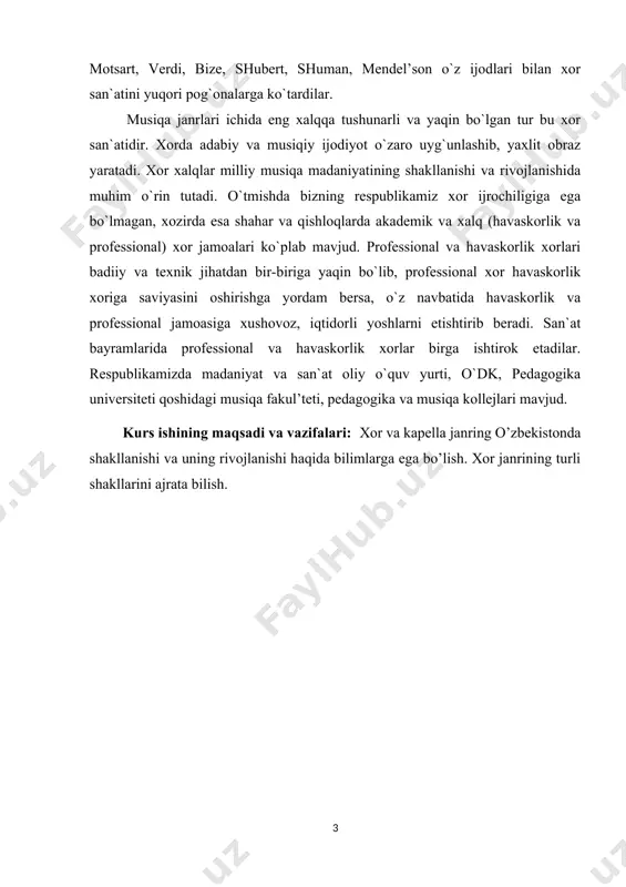 vozli qo`shiqlar paydo bo`lgan. uyg`onish davrida ko`p ovozli xor ijrochiligi rivojlandi. xv-xvi asrlarda ijod qilgan bastakorlar: o. lasso k. janiken, j. depre. professional xor qo`shiqchiligi vaqt o`tishi bilan cherkovdan tashqari podshox, knyaz’, pomeshchiklar saroylarida ham keng tarqaldi. o`zlarining ijodi orqali xor san`atining yuqori pog`onalarga ko`targan bastakorlar: bax, gendel’, betxoven, glyuk, gaydn, motsart, verdi, bize, shubert, mendel’son, shuman rus bastakorlaridan: glinka, rimskiy-korsokov, musorgskiy, chaykovskiy, borodin, kyui, o`zbek bastakorlaridan m. burxonov, s. yudakov, m. ashrafiy, b. umidjonov, s. boboev, sh. yormatov, a. mansurov, n. norxo`jaev, d. omonullaeva. xor san’ati – musiqa san’atining janrlari orasida o‘zining ommaviyligi va demokratik xususiyatlargaegaligi bilan ajralib turadi. hozirgi kunda u keng tarqalgan asl xalq san’ati turiga aylangan. bu san’at turi insonlarni musiqiy tarbiyalashda, estetik qarashlarini shakllantirishda muhim ahamiyat kasb etadi. odamlarning bir-biriga chambarchas bog‘liq bo‘lgan ma’naviy ongi, didiga, bir yagona g‘oya, yagona ijroni maqsad qilib, so‘z va musiqadagi tuyg‘uni jamoa bo‘lib ijro etish, ularni yanada jipslashtiradi. bu …