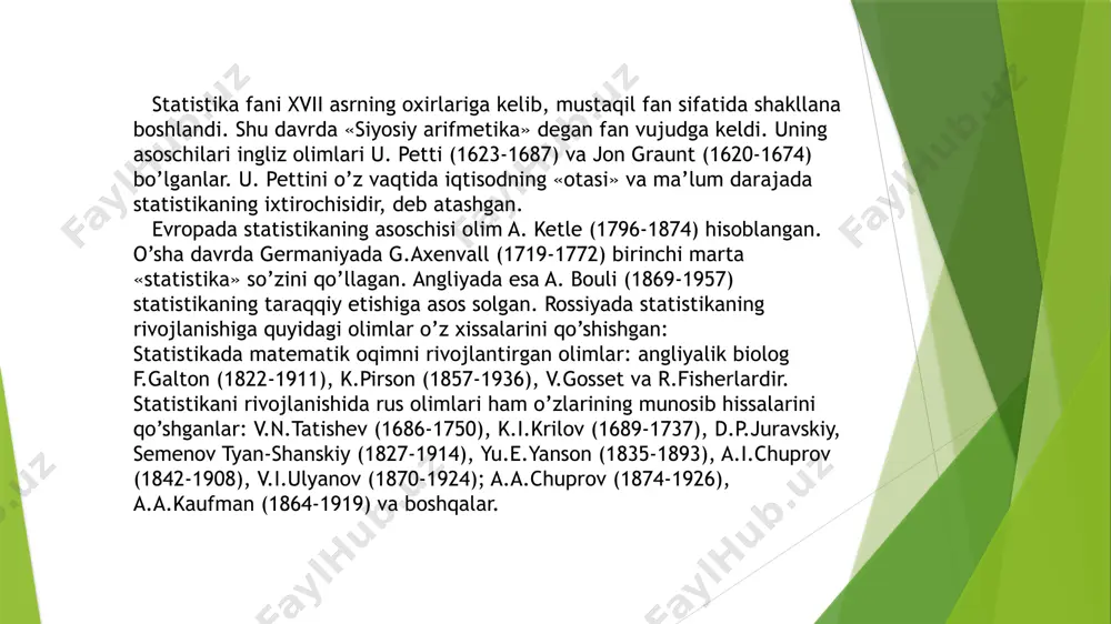 qoʻllanma. – t.: iqtisod-moliya, 2015-y. mualliflar shodiyev x.a. va kafedraning boshqa professor-oʻqituvchilari milliy hisoblar tizimi: darslik. – t.: iqtisod-moliya, 2015-y. mualliflar qoraboyev a., gʻoyibnazarov b., rashitova n. statistika nima? birinchidan, statistika bu sonlar va o’lchovlar yordamida ko’psonli va turli-tuman hodisalarni hisobga olish, tasvirlash. ikkinchidan statistika to’plangan ma’lumotlarni raqamlar qatori, jadvallar, grafiklar, turli hisob-kitoblar orqali ifodalash, uchinchidan, statistika to’plangan ma’lumotlarni tadqiqot usullarini shunday tartibda o’rnatadiki turli-tumanlik ichida birlikni, son-sanoqsiz alohida “tasodiflar” orasida qandaydir umumiylikni, qandaydir bog’liqlikni aniqlash uchun ya’ni xulosalar qilishdir. statistika paydo bo’lish paytlarida statistika davlat extiyojlari qondirgan bo’lsa, sobiq ittifoq davrida asosan davlatning yillik va besh yillik planlarini bajarilishi nazorat qilish bilan shug’ullangan. hozirgi kunda, ya’ni bozor iqtisodiyoti sharoitida, mehnat taqsimotini rivojlangan va qiyinlashib ketgan, eng asosiysi yuqori raqobat shaklida ish olib borish sharoitida nafaqat davlatga, har bir kompaniyaga, firma yoki korxonaga, hatto har bir tadbirkorga dunyoni bir chekkasida qanday o’zgarishlar bo’layotganligi yoki hodisa va voqealarni o’zgarishi prognozi haqida …