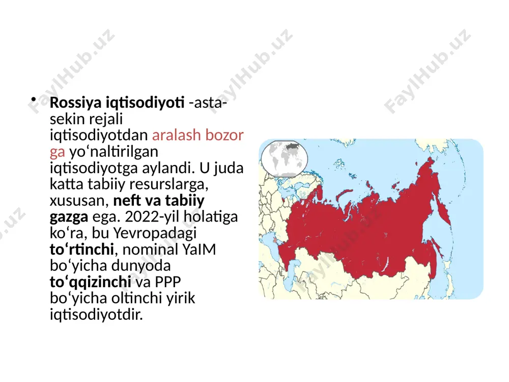 odiy va moliyaviy urush“ sifatida tavsiflangan. rossiya iqtisodiyoti beqaror. 1989-yildan boshlab uning institutsional muhiti sotsialistik buyruqbozlik iqtisodiyotidan kapitalistik bozor tizimiga aylantirildi. rossiya sanoat tuzilmasi ishlab chiqarish va qishloq xoʻjaligiga katta sarmoya kiritishdan bozor xizmatlari, neft, gaz va togʻ-kon sanoatiga keskin oʻzgardi. richard cannollyning taʼkidlashicha, soʻnggi toʻrt asr davomida rossiya iqtisodiyotining toʻrtta asosiy xususiyati mavjud boʻlib, ular tizimni shakllantirgan va siyosiy toʻntarishlarga qaramay saqlanib qolgan. 1991—2019-yillarda rossiyaning yalpi ichki mahsuloti xarid qobiliyati pariteti (ppp; xalqaro dollarda) rossiyaning kredit reytingidagi (xorijiy) oʻzgarishlar, standard &amp; poor’s xx asrning 90-yillarida rossiya iqtisodiyoti uchun yalpi ichki mahsulot hajmi va ishlab chiqarish im koniyatlarining qisqarishi kabi xususiyatlar xos bo’ldi. bu davrda rossiya yalm 1,4 baravarga qisqardi va 1991-yilga nisbatan 62,5 % ni tashkil etdi. milliy iqtisodiyotdagi eng keskin pasayish qayta ishlash sanoati tarmoqlarida sodir bo’ldi va ishlab chiqarish hajmi ikki baravarga qisqardi. ishlab chiqarish hajmining qisqarishi talabga salbiy ta’sir ko'rsatdi, ayniqsa, yarim fabrikat mahsulotlarga bo’lgan talab …
