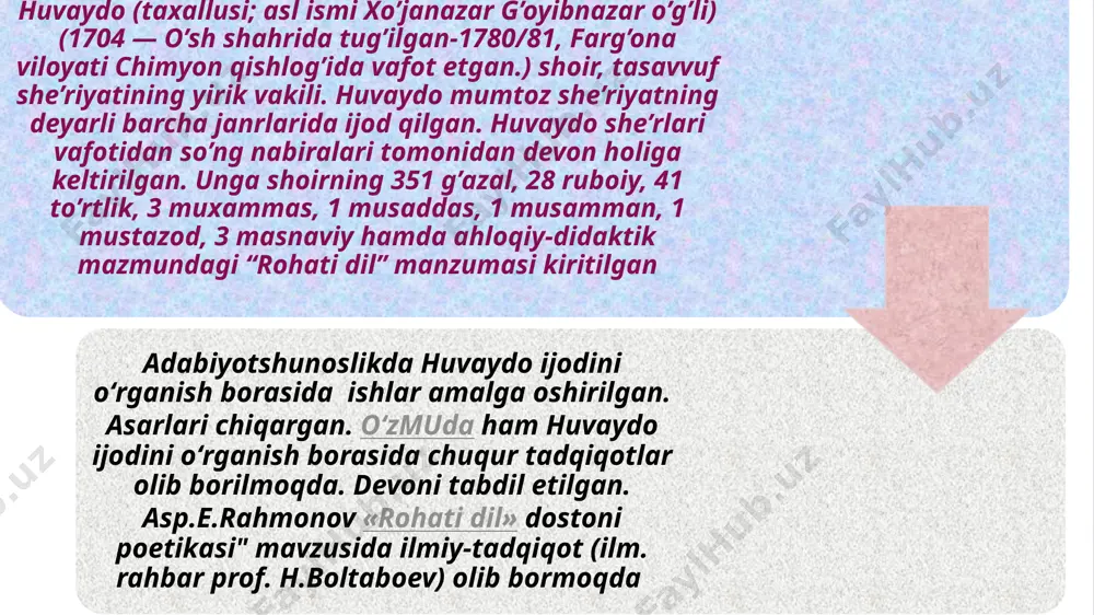 ov-u hamd xalloqi jahong‘a, ki hukm ko‘rsatib yaxshi yamong‘a. tutibdur besutun ko‘kni muallaq, borib shams-u qamar dunyoga ravnaq.. . allohni anglash va unga mehr qo‘yish, allohga xos yuksak sifatlarni ulug‘lash diniy-tasavvufiy adabiyotga xos an’anaga aylangan. ollohning, shubhasiz, birligi va tanholigini bayon etishda huvaydo salaflariga ergashdi. adabiy an’anaga ko‘ra huvaydo xudoning madhidan so‘ng islom dinining asoschisi muhammad payg‘ambar madhiga o‘tadi. shoir ‘’fi na’ti rasululloh sallollohu alayhi va sallam” qismida payg‘ambarimizning sifatlari bayon qilingan. alloh muhammad payg‘ambarning vujudida barcha yaxshi xususiyatlarini zohir etgani, shu asosda “xudoning do‘sti” (“habibulloh”) darajasiga ko‘tarilgani, uning onadan bamisoli bir oftob bo‘lib tug‘ilgani hamda oxir zamon payg‘ambari ekanliklari haqida hikoya qiladi. . huvaydo payg‘ambarning izdoshlaridan abu bakr siddiq, umar, usmon va ali, imom hasan va husayn haqida, ularning islom ishiga fidoyiligi, sadoqati haqida ham iliq fikrlarni bayon qiladi. xo’janazar huvaydoning “rohati dil” asaridagi axloqiy-ta’limiy masalalardan biri til va so‘z muammosi bo‘lib, unda kishilar o’rtasidagi muomala-munosabat madaniyatining eng oddiy …