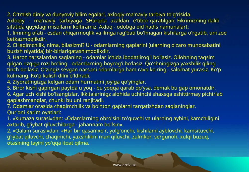 o'stimga bir narsa zarar qilmasun, deb poylab o'ltirar edi. bir kuni qishloqi uxlab yotganda, bir pashsha kelib peshonasiga qo'ndi. ayiq har qancha quvsa ketmadi. oxirda achchig'i kelub: «bu zolumni urub o'ldirmasam bo'lmas», - deb, bir katta toshni olub, kelub, qishloqining boshiga chunon urdiki, pashsha uchub ketib, qishloqi o'lub qoldi. hissa: do'sti nodondan, dushmani ziyrak yaxshi. («ayiqning do'stligi». a.avloniy) 3. mehnatga bo'lgan munosabat: soqi bir kuni maktabdan kelub, onasidan taom so'radi. onasi oldiga bir kosa sho'rbo keltirub qo'ydi. soqi sho'rbodan bir qoshuq og'ziga olub: «ona man bu mazzasiz sho'rboni ichmasman», - dedi. onasi: «khmasang qo'y, o'g'lim, boshqa pishirub berurman», - deb, oldidan olub qo'ydi. soqini kechgacha xazon toshitub, ishlatdi. soqi horub, charchab, qorni ochub, o'ltirg'on edi. onasi yana shul sho'rboni isitub olib kelub, oldiga qo'ydi. soqi sho'rbodan biroz ichub ko'rub: «мапа, onajon! bu qanday totli sho'rbo bo'lmish. umrimda aslo mundoq shirin sho'rboni ichkonim yo'q», - deydi. onasi kulub: «ey, o'g'lim, bu …