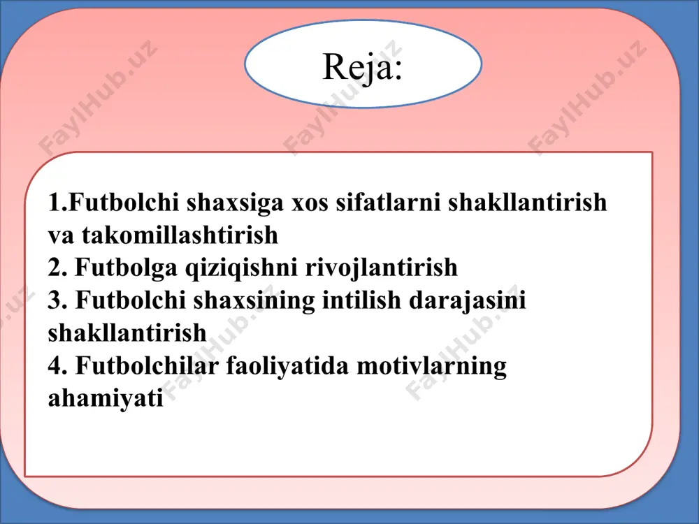 lar ishlatishlari, kimlar g’alabaga erishayotgani kuzatiladi. futbolchi shaxsining shakllanishida hosil qilingan qiziqishlar katta ahamiyatga ega. o’z sport turiga qiziqishi doimo sportchining muntazam mashg’ulotlarga qiziqishini kuchaytiradi, sport mahorati, sport natijalarining o’sishini oshiradi. o’z sport turiga qiziqishni qanday oshirish mumkin? buning ko’p yo’llari mavjud, masalan: – mashg’ulotlarni bir qolipda va bir xil olib bormasdan, ularni ijodiy o’tkazish; – mashg’ulotlarni shunday o’tkazish kerakki, o’yinchilar trenerning bergan vazifalarini, xoh u texnikani o’rganish, xoh taktik, jismoniy tayyorgarlik bo’lsin, to’liq tushunib bajarishlari lozim; – mashg’ulot materiallarini o’zlashtirishda sportchilarda ijodiy yondashish muhitini yaratish; – mashg’ulot vaqtidan qisman qoldirib, sportchilarni trenersiz, mustaqil tarzda o’z sport mahoratlarini, ya’ni texnika, taktika va jismoniy sifatlarini takomillash-tirishga o’rgatish; futbolchi shaxsining intilish darajasini shakllantirish futbolchining muhim shaxsiy sifatlaridan biri o’z intilish darajasini aniqlay bilish hisoblanadi. inti-lish darajasi sportchining oldiga qo’yilgan maqsad uning imkoniyatlariga mos yoki mos emasligi bilan. futbolchining maqsadi uning imkoniyatiga to’g’ri kelmasa, unda o’yinchida salbiy emosional holat yuzaga keladi, uning mashg’ulot …