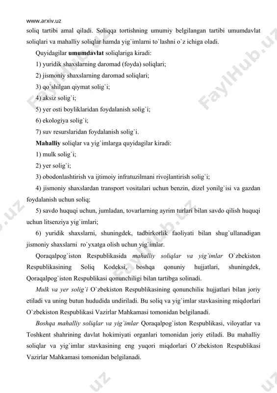 tortishning umumiy belgilangan tartibi umumdavlat soliqlari va mahalliy soliqlar hamda yig`imlarni to`lashni o`z ichiga oladi. quyidagilar umumdavlat soliqlarigа kiradi: 1) yuridik shaxslarning daromad (foyda) soliqlari; 2) jismoniy shaxslarning daromad soliqlari; 3) qo`shilgаn qiymat solig`i; 4) aksiz solig`i; 5) yer osti boyliklaridan foydalanish solig`i; 6) ekologiya solig`i; 7) suv resurslaridan foydalanish solig`i. mahalliy soliqlar va yig`imlarga quyidagilar kiradi: 1) mulk solig`i; 2) yer solig`i; 3) obodonlashtirish va ijtimoiy infratuzilmani rivojlantirish solig`i; 4) jismoniy shaxslardan transport vositalari uchun benzin, dizel yonilg`isi va gazdan foydalanish uchun soliq; 5) savdo huquqi uchun, jumladan, tovarlarning ayrim turlari bilan savdo qilish huquqi uchun litsenziya yig`imlari; 6) yuridik shaxslarni, shuningdek, tadbirkorlik fаоliyati bilan shug`ullanadigan jismoniy shaxslarni ro`yxatga olish uchun yig`imlar. qоrаqаlpоg`istоn respublikasida mahalliy soliqlar va yig`imlar o`zbekiston respublikasining soliq kodeksi, boshqa qonuniy hujjatlari, shuningdek, qоrаqаlpоg`istоn respublikasi qonunchiligi bilan tartibga solinadi. mulk va yer solig`i o`zbekiston respublikasining qonunchiliк hujjatlari bilan joriy etiladi va uning butun hududida undiriladi. bu …