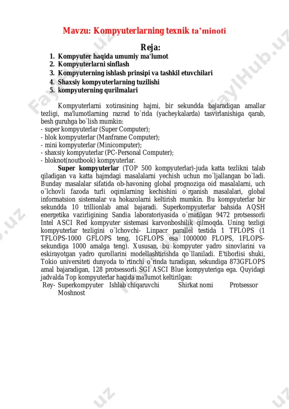 sgi (aqsh) 1324 264 shuni qayd qilish lozimki, superkompyuterlarning ma'lum yo`nalish masalalarini shuni qayd qilish lozimki, superkompyuterlarning ma'lum yo`nalish masalalarini yechishga qaratilgan turlari ham mavjud. blok kompyuterlar (manframe computer)-fan va texnikaning turli sohalariga oid masalalarni yechishga mo`ljallangan. ularning amal bajarish tezligi va xotira hajmi superkompyuterlarnikiga qaraganda bir-ikki pog`ona past. bularga misol sifatida aqshning cray (krey), ibm 390, 4300, ibm es/9000, fransiyaning borrous 6000, yaponiyaning m1800 rusumli kompyuterini va boshqalarni misol qilib keltirish mumkin. minikompyuterlar (kichik kompyuterlar) hajmi va bajaradigan amallar tezligi jihatidan blok kompyuterlardan kamida bir poqona pastdir. shuni aytish joizki, ularning gabariti (hajmi) tobora ixchamlashib, hatto shaxsiy kompyuterdek kichik joyni egallaydiganlari yaratilmoqda. bunday kompyuterlar turkumiga ilk bor yaratilgan pdp-11 (programm driver processor-dasturiy boshqaruv protsessori) turkumini, ilgari harbiy maqsadlar uchun ishlatilgan (maxfiy hisoblangan) vax, sun turkumli kompyuterlar, ibm 4381, hewlett packard firmasining hp 9000 va boshqalar minikompyuterga misol bo`la oladi. shuni aytish joizki, minikompyuterlar o`zlarining “katta og`alari” manframe kompyuterlarni imkoniyatlari …