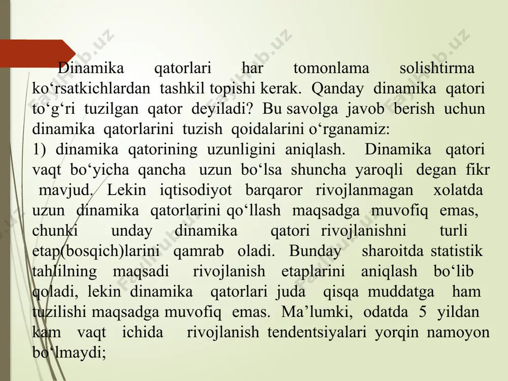 ’m (y) (taqqoslama baholarda) mutlaq qo’shimcha o’zgarish, mlrd.so’m o’zgarish sur’ati, % qo’shimcha o’zgarish sur’ati, % 1 % li qo’shimcha o’sish (yoki kamayish)ning mutloq mohiyati, mlrd.so’m bazisli уi - y0 zanjirli уi - yi-1 базисли (уi/y0) x100 zanjirli (уi/yi-1) x 100 базисли [(уi/y0) x 100]-100 zanjirli [(уi/yi-1) x 100]-100 [уi - yi-1]/ [(уi/yi-1) x100]-100 (yi+1) / 100 2015 50 - - - - - - - - 2016 54 4 4 108 108, 0 8 8 0,5 0,5 2017 53 3 -1 106 98,148 6 -1,852 0,54 0,54 2018 57 7 4 114 107,5 14 7,5 2019 55 5 -2 110 96,49 10 -3,51 2020 59 9 4 118 107,27 18 7,27 2021 64 14 5 128 108,47 28 8,47 2022 68 18 4 136 106,25 36 6,25 16 hodisa va jarayonlarning dinamikasiga umumlashtirib baho berish uchun qatorning o’rtacha ko’rsatkichlari hisoblanadi. intervalli (davriy) dinamika qatorlarining o’rtacha darajasi quyidagi formula yordamida aniqlanadi: …