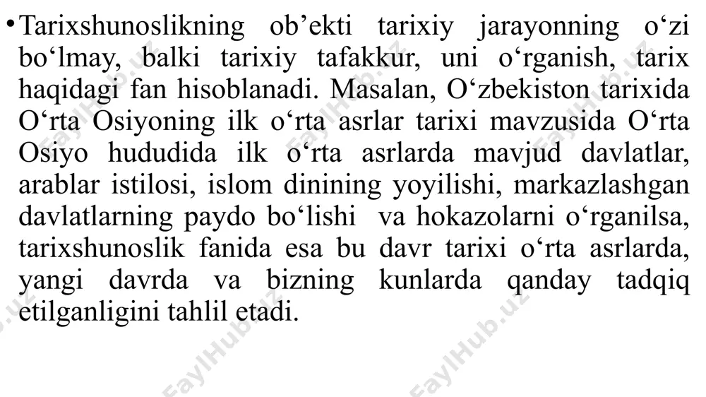 r" va "hindiston", abu bakr narshaxiyning "tarixi buxoro", sharafuddin ali yazdiyning "zafarnoma", boburning "boburnoma", muhammad yusufbek bayoniyning "tarixi xorazm", "shajarai xorazmshohiy", ahmad donishning "buxoro amirlarining tarjimai hollari" va boshqalarda muayyan ma’lumotlarni umumlashtirishga, fakt va tarixiy jarayonlar bayonida tahliliy yondashuvga bo’lgan harakatlar kuzatiladi. beruniy 973-yil tavvalud topadi. u ota onasidan yosh yetim qoladi va iroqlar xonadonida tarbiyalandi. xorazmshohning jiyani, amakisining o’g’li abu nasr mansur inb iroq beruniyning ustozi bo’lgan. faylasuf ko’pgina olimlar bilan tanishadi.beruniy hindistonda “hindiston ” asari uchun ma’lumot yig’adi va uni 1030 – yilda yozib tugatadi.beruniy o’zing shoh asarini, mas’udiyga bag’ishlab “qonuni mas’udiy ” deb atadi.beruniyning asarlaridan atigi 30 ga yaqini bizning kunlargacha yetib keldi. sharafuddin ali yazdiyning "zafarnoma", “zafarnoma” asari – “fathnomayi sohibqiron”, “tarixi jahonkushoyi temuriy” degan nomlar bilan ham ataladi, lekin tarix fanida u koʻproq “zafarnoma” nomi bilan mashhur. asar tuzilishi jihatidan ikki qismga: temurdan oldingi davr tarixidan umumiy tarzda soʻzlovchi “muqaddima” va bevosita temur davri tarixini …