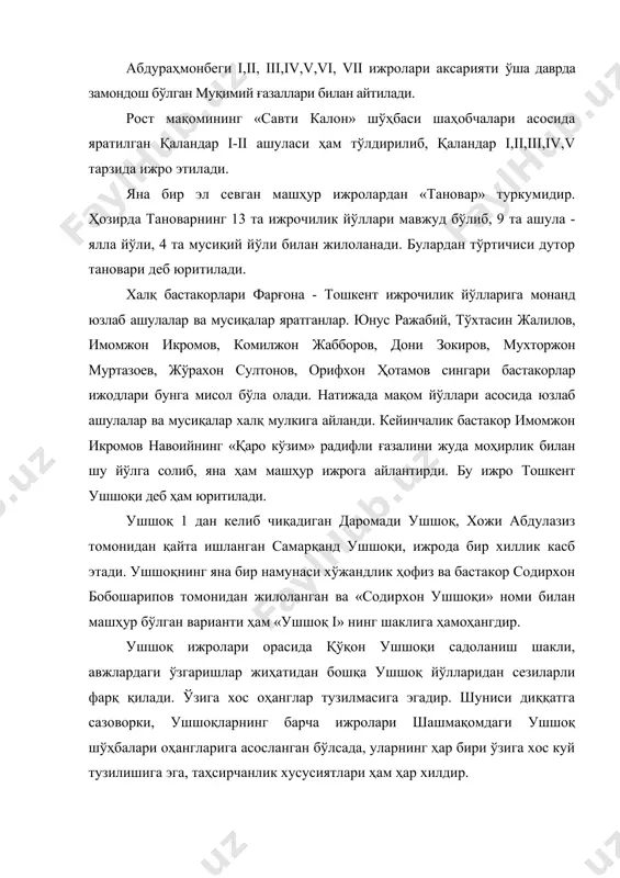 shulalar va musiqalar yaratganlar. yunus rajabiy, to'xtasin jalilov, imomjon ikromov, komiljon jabborov, doni zokirov, muxtorjon murtazoev, jo'raxon sultonov, orifxon hotamov singari bastakorlar ijodlari bunga misol bo'la oladi. natijada maqom yo'llari asosida yuzlab ashulalar va musiqalar xalq mulkiga aylandi. keyinchalik bastakor imomjon ikromov navoiyning «qaro ko'zim» radifli g'azalini juda mohirlik bilan shu yo'lga solib, yana ham mashhur ijroga aylantirdi. bu ijro toshkent ushshoqi deb ham yuritiladi. ushshoq 1 dan kelib chiqadigan daromadi ushshoq, xoji abdulaziz tomonidan qayta ishlangan samarqand ushshoqi, ijroda bir xillik kasb etadi. ushshoqning yana bir namunasi xo'jandlik hofiz va bastakor sodirxon bobosharipov tomonidan jilolangan va «sodirxon ushshoqi» nomi bilan mashhur bo'lgan varianti ham «ushshoq i» ning shakliga hamohangdir. ushshoq ijrolari orasida qo'qon ushshoqi sadolanish shakli, avjlardagi o'zgarishlar jihatidan boshqa ushshoq yo'llaridan sezilarli farq qiladi. o'ziga xos ohanglar tuzilmasiga egadir. shunisi diqqatga sazovorki, ushshoqlarning barcha ijrolari shashmaqomdagi ushshoq sho'hbalari ohanglariga asoslangan bo'lsada, ularning har biri o'ziga xos kuy tuzilishiga …