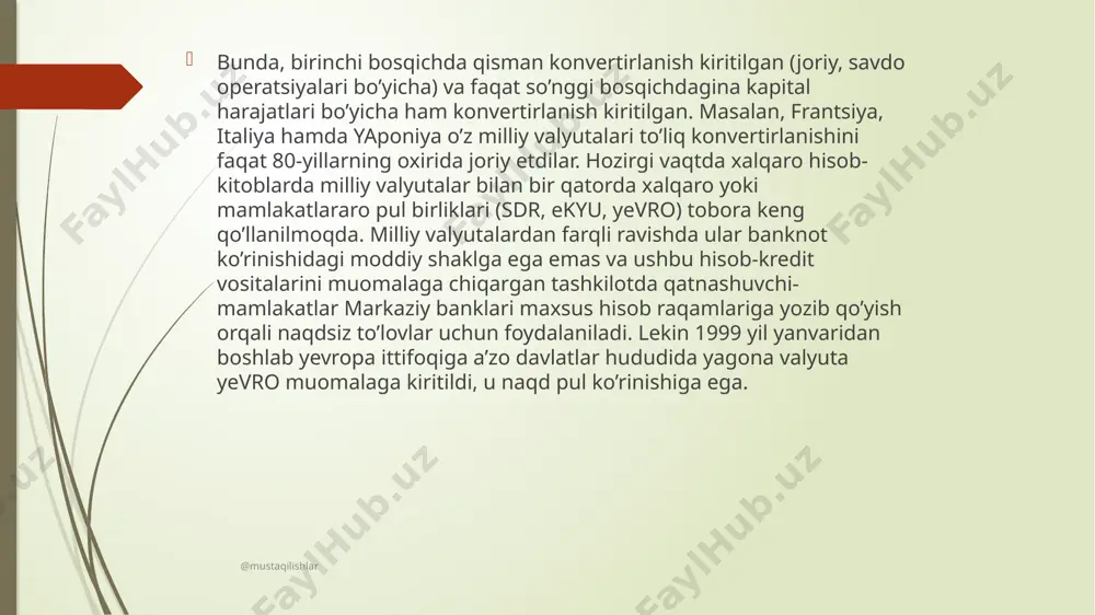 l etdi. @mustaqilishlar @mustaqilishlar ekyu-hududiy xalqaro valyuta birligi hisoblanib, yevropa valyuta tizimida qatnashuvchi mamlakatlarda hisob-kitob va kredit funktsiyalarini bajaruvchi valyuta sifatida 1979 yildan 1999 gacha foydalanib kelindi. yuqorida sanab o’tilgan barcha xalqaro to’lov-kredit vositalari, o’zaro hisob-kitoblarda, kreditlashda va valyuta rezervlarini shakllantirishda tashqi iqtisodiy faoliyat bilan shug’ullanuvchilar tomonidan keng foydalaniladi (eslatib o’tish lozim, sdr va yevro dan asosan xalqaro miqyosda foydalaniladi). jahon valyutalarining ichida aqsh dollari ayniqsa aktiv valyuta hisoblanadi. hozirgi vaqtda dunyoning eng yirik moliyaviy markazi bo’lgan londonda, aqsh dollari qatnashmagan bitimlar umumiy oborotning faqat 3 foizini tashkil etadi. umuman olganda, xalqaro valyuta oborotining 90 foizi jahonning 6 ta yetakchi valyutasi hissasiga to’g’ri keladi. ular qatoriga aqsh dollari, nemis markasi, yapon ienasi, ingliz funt sterlingi,, frantsuz va shveytsariya franklari kiradi. gretsya davlati evro soyuz(es) va xalqaro valyuta fondiga (xvf)qo\shimcha yordam sorap yuzlandi gretsiya hukumati es va xvf ga moliyaviy yordam olish uchun rasmiy so'rov yo'lladi. gretsiya bosh vaziri georgiosa papandreydan …