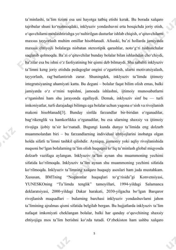 malakasini oshirish, metodik xizmatlarni kengaytirish kabi vazifalar belgilab berilgan. shuningdek, “ta’lim to‘g‘risida”gi qonunga 2020-yilda kiritilgan o‘zgartirishlarga muvofiq, inklyuziv ta’lim rasmiy tarzda ta’lim tizimining bir bo‘lagi sifatida tan olindi. endilikda har bir bola, qaysi holatda bo‘lishidan qat’iy nazar, umumiy ta’lim muassasasida ta’lim olish huquqiga ega. bu esa o‘z navbatida maktablar, o‘qituvchilar va butun ta’lim tizimidan ulkan mas’uliyat va tayyorgarlikni talab etadi. inklyuziv ta’lim jamiyat uchun ham katta foyda keltiradi. chunki bu model orqali o‘quvchilar bolaligidan boshlab bir-birini hurmat qilishni, turli sharoitdagi insonlarga mehr bilan yondashishni, sabr-toqatli va bardavom bo‘lishni o‘rganadilar. bu esa kelajakda ijtimoiy inklyuziya, ya’ni jamiyatning barcha a’zolarini teng ishtirokchi sifatida qabul qilish madaniyatini shakllantiradi. shu sababli inklyuziv ta’limni faqat pedagogik yondashuv deb emas, balki insoniylik, bag‘rikenglik, barobar huquqlilik tamoyillariga asoslangan ijtimoiy model sifatida ham tushunish kerak. o‘zbekiston sharoitida inklyuziv ta’lim hali-hanuz shakllanish bosqichida. hududlar kesimida qaralganda, yirik shaharlarda bu yo‘nalishda salmoqli ishlar olib borilayotgan bo‘lsa-da, chekka hududlarda hali infratuzilma, …