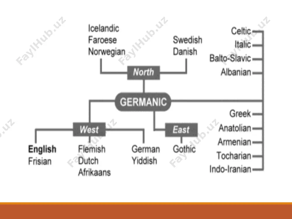 , sanscrit pitat gothic fadar old english fæder voicing of voiceless fricatives occurred if they were non-word-initial and if the vowel preceding them carried no stress in pie patér – early pgmc faθár – fáðar – gothic - fádar if an ie voiceless stop was preceded by an unstressed vowel, the voiceless fricative which developed from it in accordance with grimm’s law became voiced, and later this voiced fricative became a voiced stop. rhotacism s - z – r from old latin lases-lares goth maiza – oe māra pgmc had a synthetic type of form-building synthetic languages : content root morpheme with one or more affixes inflections, sound interchange, suppletion synthetic vs. analytic what is the name of the parent language of the germanic peoples. what are the branches of the germanic group of languages? when did the germanic language become separated from other ie languages? which is the only …