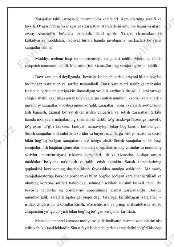 ar va boshqa-ruv apparatining xizmat xarajatlaridir. boshqa umumxo‘jalik xarajatlariqatoriga yuqoridagi tarkibga kiritilmagan xarajatlar – ishlab chiqarishni takomillashtirish, o‘zlashti-rish va yangi mahsulotlarni ishlab chiqarishni yo‘lga qo‘yish bilan bog‘liq bo‘lgan xarajatlar kiritiladi. mahsulot tannarxi korxona moliya xo’jalik faoliyatini hamma tomonlarini aks ettiruvchi ko’rsatkichlardir. shu tufayli ishlab chiqarish xarajatlarini to’g’ri hisobga olish va mahsulot tannarxini kalkulyatsiya qilish hamda tahlil qilish boshqaruv hisobi hamda moliyaviy va boshqaruv tahlili fanlarining muhim vazifalaridan biridir. bugungi kunda korxona faoliyatining muhim ko’rsatkichlaridan va unga baho beradigan mezon ko’rsatkichlaridan biri, foyda va rentabellikdir. foydaga ta’sir etuvchi omil bu tannarxdir. mahsulot tannarxi – shu mahsulotni ishlab chiqarish uchun ketgan barcha bevosita va bilvosita xarajatlarning qiymat ifodasidir. bugungi kunda amalda bo’lgan nizomga muvofiq mahsulot (ish, xizmat)ni ishlab chiqarish xarajatlari tarkibiga kiradigan moddalar sirasiga o’zgarishlar kiritilgan. mahsulot tannarxiga kiritiladigan xarajatlar tarkibini aniqlashdan maqsad: 1. buxgalteriya hisobi schyotida jami xarajatlar to’g’rida to’liq va aniq ma’lumotlarga ega bo’lish, korxona faoliyatini rentabelligi va iqtisodiyotni erkinlashtirish …