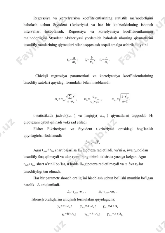 5.02 ∑ 180.2 60 75.1 180.18 chiziqli trend koeffitsientlari qiymatini normal tenglamalar sistemasidan aniqlaymiz: shunday qilib, t=0 da qator darajasining o’rtacha qiymati 20.02 tonnani ni, hajm esa 1.25 tonnani tashkil etadi, ya’ni o’rtacha yillik hajm 1.25 tonnaga ko’payadi. hisoblangan koeffitsientlarni chiziqli trendga qo’yib quyidagiga tenglamaga ega bo’lamiz: . 3. y yt y-yt ai,% 14 15.02 -1.02 7.3 16.4 16.27 0.13 0.8 17.9 17.52 0.38 2.12 19.6 18.77 0.83 4.3 20.5 20.02 0.48 2.4 21.1 21.27 -0.17 0.8 22.2 22.52 -0.32 1.5 23.8 23.77 0.03 0.12 24.7 25.02 -0.32 1.3 o’rtacha qiymat - - 2.3 endi – approksimatsiyaning o’rtacha standart hatoligini hisoblaymiz. 4. аvtоkоrrеlyatsiya mаvjud yoki mаvjud emаsligini tekshiramiz kerak. regressiya tenglamasi : 1) avtokorrelyatsiya mavjud yoki mavjud emasligini aniqlashimiz uchun avvalolarni hisoblaymiz va keyin kriteriysini hisoblaymiz qoldiq quyidagi formula bo’yicha hisoblaymiz ning qiymatlari ning qiymatlarini bir yilga surilganiga teng. yillar 2008 15.02 -1.02 - - - 1.04 2009 16.27 0.13 …