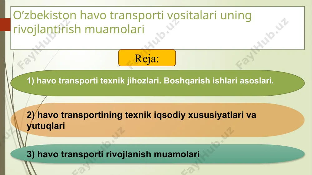 ’roport hisoblanadi. buxoro, samarqand va urganch ae’roportlari xalqaro ae’roport maqomiga e’ga. aviakompaniya 1992 yil 28-yanvarda oʻzbekiston respublikasi prezidenti islom karimov farmoniga binoan tashkil etilgan. mamlakatimizda faoliyat yuritayotgan “navoiy” xalqaro intermodal logistika markazi va “angren” logistika markazining imkoniyatlari juda yuqori. ta’kidlash joizki, mustaqil davlatlar hamdo'stligi hududida yagona bo'lgan “navoiy” xalqaro intermodal logistika markazida turli-tuman tovarlarni yuklash va tushirish, ularni tarqatish va omborlarga joylash ishlari tezkorlik bilan amalga oshiriladi. zamonaviy aeronavigasiya uskunalari bilan jihozlangan “navoiy” xalqaro intermodal logistika markazi, ob-havo sharoiti qanday bo'lishidan qat’iy nazar, barcha turdagi avialaynerlarni qabul qilish imkoniga ega bo'ldi. 2011-yilda bu logistika markazida 50 ming tonnadan ortiq yuk turli mamlakatlarga tashildi. havo transporti texnik jihozlari asosiy elementlariga uchish apparatlari (samolyot va vertolyotlar), aeroportlar, samolyot ta'mirlash zavodlari va boshqalar kiradi. uchish appartalari havo transportining asosiy faol birligidir. ular o'z vazifalariga ko'ra yo`lovchilar tashuvchi, yuk tashuvchi, yuk va yo`lovchilarni birga tashuvchi, maxsus ishlarni bajaruvchi (masalan, qishloq xo`jaligiga xizmat qiluvchi, sanitariya, …