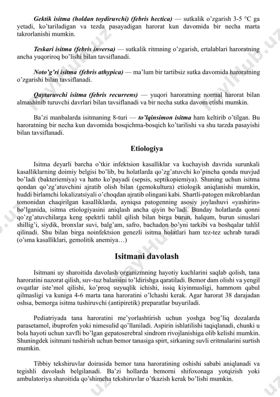 i yoki endogen (tabiiy) yoki ekzogen (dorilar) antipiretik omillar ta’siri ostida endogen pirogenlarning hosil bo’lishi to’xtashi bilan boshlanadi. pirogenlarning termoregulyatsiya markaziga ta’sir qilishi to’xtatganidan so’ng, belgilangan nuqta me’yoriy darajaga tushadi va harorat gipotalamus tomonidan yuqori deb hisoblana boshlaydi. bu teri tomirlarining kengayishiga olib keladi va organizm uchun ortiqcha bo’lgan issiqlik endi chiqib keta boshlaydi. bemor juda ko’p terlaydi, diurez va perspiratsiya kuchayadi. ushbu bosqichda issiqlik uzatish issiqlik ishlab chiqarishdan keskin o’zib ketadi. sutkalik temperaturadagi o’zgarishlarning tabiati bo’yicha isitma turlari: doimiy isitma (febris continua) — tana haroratining uzluksiz ko’tarilishi bo’lib, sutkalik o’zgarish 1 °c dan oshmaydi. remittirlovchi isitma (febris remittens) — tana haroratining 1,5-2 ° c gacha bo’lgan sutkalik o’zgarishi. biroq, harorat normal qiymatlargacha kamaymaydi. intermittirlovchi isitma (febris intermittis) — haroratning keskin va sezilarli darajada ko’tarilishi, bir necha soat saqlanib turgach, tezda normal qiymatgacha tushadi. gektik isitma (holdan toydiruvchi) (febris hectica) — sutkalik o’zgarish 3-5 °c ga yetadi, ko’tariladigan va tezda …