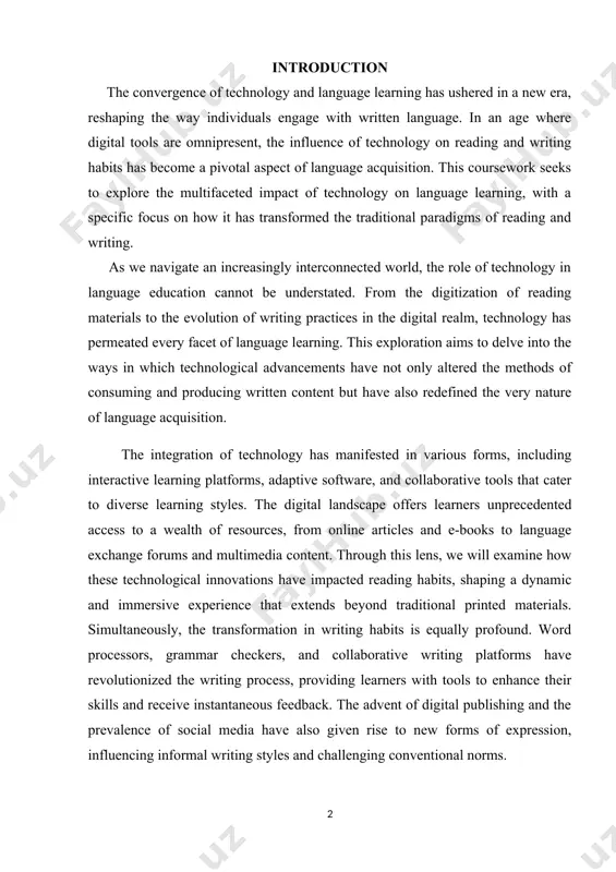 lens, we will examine how these technological innovations have impacted reading habits, shaping a dynamic and immersive experience that extends beyond traditional printed materials. simultaneously, the transformation in writing habits is equally profound. word processors, grammar checkers, and collaborative writing platforms have revolutionized the writing process, providing learners with tools to enhance their skills and receive instantaneous feedback. the advent of digital publishing and the prevalence of social media have also given rise to new forms of expression, influencing informal writing styles and challenging conventional norms. however, amidst the myriad benefits, it is essential to scrutinize potential challenges associated with technology, such as digital distractions and concerns related to plagiarism. striking a delicate balance between embracing the opportunities technology affords and addressing potential pitfalls is crucial for a comprehensive understanding of its impact on language learning. in the pages that follow, we will embark on a journey to unravel the …