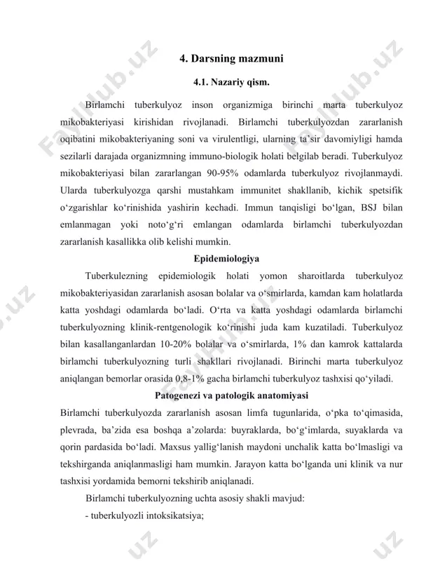 ligi hamda sezilarli darajada organizmning immuno-biologik holati belgilab beradi. tuberkulyoz mikobakteriyasi bilan zararlangan 90-95% odamlarda tuberkulyoz rivojlanmaydi. ularda tuberkulyozga qarshi mustahkam immunitet shakllanib, kichik spetsifik o‘zgarishlar ko‘rinishida yashirin kechadi. immun tanqisligi bo‘lgan, bsj bilan emlanmagan yoki noto‘g‘ri emlangan odamlarda birlamchi tuberkulyozdan zararlanish kasallikka olib kelishi mumkin. epidemiologiya tuberkulezning epidemiologik holati yomon sharoitlarda tuberkulyoz mikobakteriyasidan zararlanish asosan bolalar va o‘smirlarda, kamdan kam holatlarda katta yoshdagi odamlarda bo‘ladi. o‘rta va katta yoshdagi odamlarda birlamchi tuberkulyozning klinik-rentgenologik ko‘rinishi juda kam kuzatiladi. tuberkulyoz bilan kasallanganlardan 10-20% bolalar va o‘smirlarda, 1% dan kamrok kattalarda birlamchi tuberkulyozning turli shakllari rivojlanadi. birinchi marta tuberkulyoz aniqlangan bemorlar orasida 0,8-1% gacha birlamchi tuberkulyoz tashxisi qo‘yiladi. patogenezi va patologik anatomiyasi birlamchi tuberkulyozda zararlanish asosan limfa tugunlarida, o‘pka to‘qimasida, plevrada, ba’zida esa boshqa a’zolarda: buyraklarda, bo‘g‘imlarda, suyaklarda va qorin pardasida bo‘ladi. maxsus yallig‘lanish maydoni unchalik katta bo‘lmasligi va tekshirganda aniqlanmasligi ham mumkin. jarayon katta bo‘lganda uni klinik va nur tashxisi yordamida …