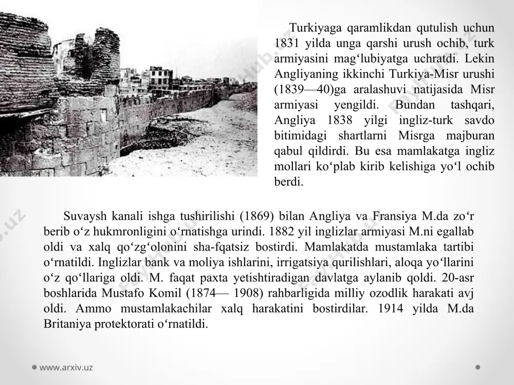 in sharqdagi mojaro keskinlashdi. 5—10 iyun kunlari isroil qoʻshinlari sinay ya.o.ni bosib olib, suvaysh kanalining sharqiy sohiliga yetib keldi. xalqaro jamoatchilik va avvalo bmt xavfsizlik kengashining talabi bilan urush harakatlari toʻxtatildi. ammo urush natijasida m.ning iqtisodiyotiga katta talafot yetdi. urush tufayli suvaysh kanali zonasidagi iqtisodiy hayot izdan chiqdi. kanaldagi kema qatnovi 1975 yilgacha toʻxtab qoldi. www.arxiv.uz www.arxiv.uz www.arxiv.uz www.arxiv.uz 1968 yil 30 martda j.a.nosir isroil tajovuzi oqibatlarini tugatish uchun barcha kuch va vositalarni safarbar etish dasturini bayon qildi. 2 may umumxalq referendumi bu dasturni maʼqulladi. 1970 yil 28 sentabrda j.a.nosir vafot etdi. oʻsha yil 15 okt.da a. sadat prezident etib saylandi. uning davrida bozor munosabatlarini rivojlantirish, iqtisodiyotning xususiy sektorini kuchaytirish va faollashtirish, mamlakatda ishlab chiqariladigan mahsulotlar va avvalo isteʼmol mollari hamda xizmatlar hajmini oshirish, xorijiy investitsiyalarni jalb etish yoʻlini amalga oshirishga kirishildi. biroq 1967 yil „olti kunlik“ urushda isroil tomonidan bosib olingan m. yerlarini (sinay ya.o.ni) qaytarib olish muammosi hal …