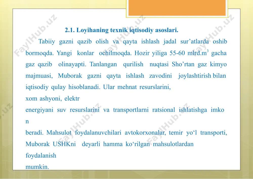lumotlar, gazning unumdorligi v1m3⁄s 275000. vp m3⁄s 4807.69 chunki bosim 1 at 52. tozalash haroratit°s. gazning solishtirma og’irligix₀0.753kgs/m³. xp42 kgs/m³ siqilishqiymati:z=0.9 eritmaningmiqdori:30% mdea ுభ ௠య ୱ = 294 iii. ijtimoiy iqtisodiy qism. 3.1.atrof–muhit muxofazasi. hozirgivaqtdajahonfan-texnikataraqqiyotijadalrivojlanishi munosabati bilantabiiyzahiralardanxo’jalikmaqsadlaridatobora ko’proqfoydalanilmoqda.buningustiga,dunyoaholisiyildan-yilgao’sib borib,ko’proqmiqdordaoziq-ovqat,yoqilg’i,maxsulotvaboshqa narsalarniishlabchiqarishnitalabqilinmoqda. buesao’rmonlaregallab turganmaydonlarningjadalsur’atlardaqisqarishiga,cho’l-sahrolarning bostirib kelishiga, tuproqning buzilishiga,atmosferaningyuqori qismida joylashganozonteshigikamayibketishiga,yerhavosiningo’rtacha haroratiortib borishiga va boshqa holatlarga sababbo’lmoqda. 3.2. mehnatni muhofaza qilish. mehnatmuhofazasiniamaliyfaoliyatimehnat sharoitlariniyaxshilash, kasb kasalliklarini va shikastlanishni oldiniolishdan iborat.o‘zbekistonda mehnatnimuhofazaqilishborasidabirqanchaqonuniyatlarqabul qilingan.buqonunlarfaqatishlabchiqarishdamehnatmuhofazasitexnika xavfsizligiqoidalarininazoratqilibqolmay,balkimehnatmuhofazasi qonunlari buzilmasligiuchun javobgardir. menloyihalayotgan«muborak gazniqaytaishlash«zavodisn-241-71gaasosan chiqinditashlash bo‘yicha1–sinfga kiradi.ob’ektning sanitar himoya zonasi snip- 2.01.03-o‘6, sanpin-0046-96 gako’ra 1000mtashkiletadi.chiqarib tashlanadiganzaharlimoddalarhajmivaturlarimiqdori«unidelta croup»daishlabchiqilganvauzrdavlattabiatqo’mitasi tasdiqlagan chegaralangantashlanishmiqdori (pdv)me’yoriyhujjat asosida aniqlanadi. 3.3. fuqaro muhofazasi. o‘zbekistonrespublikasidafuqoromuhofazasigaoidquyidagi huquqiyme’yoriyhujjatlarvavazirlarmahkamasining qarorlarikuchga kiritilgan. o‘zbekistonrespublikasivazirlarmahkamasining143-sonli“o‘zbekiston respublikasifavquloddavaziyatlarvazirligini”tashkiletishto‘g‘risidagi qarori 11aprel 1996y. o‘zbekistonrespublikasikonstitutsiyas