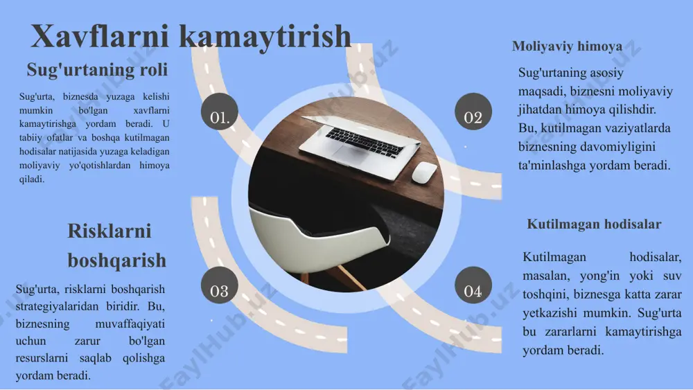 - mijozlar yoki uchinchi shaxslar tomonidan da'vo qilingan zararni qoplashni ta'minlaydi, masalan, restoranlar yoki do'konlar uchun. 01 ish beruvchi javobgarlik sug'urtasi - ishchilarning ish joyidagi baxtsiz hodisalaridan kelib chiqadigan zararlarni qoplaydi, bu esa ish beruvchilar uchun muhimdir. 02 mahsulot javobgarlik sug'urtasi - nuqsonli mahsulotlar sababli kelib chiqadigan zararlarga qarshi himoya qiladi, bu esa iste'molchilarni himoya qilishda muhim rol o'ynaydi. har bir tur mijozlarga moliyaviy himoya va xavfsizlik hissini beradi, shuningdek, kutilmagan holatlar yuz berishi mumkinligini kamaytiradi. 03 sug'urtaning biznesda qo'llanilishi sug'urta biznesda xavflarni boshqarish va moliyaviy barqarorlikni ta'minlash uchun muhimdir. u turli xil sohalarda muammolarni hal qilishda yordam beradi. har xil biznes sohalarida qo'llaniladigan sug'urta turlari: - mulk sug'urtasi: ishlab chiqarish va savdo binolari uchun; - javobgarlik sug'urtasi: mijozlarga zarar yetkazish holatlari uchun; - transport sug'urtasi: yuk va transport vositalarini himoya qilish uchun. real misol sifatida, bir ishlab chiqarish korxonasi 2019 yilda yirik aksidan holatiga duch keldi. sug'urtasi mavjud bo'lgani …