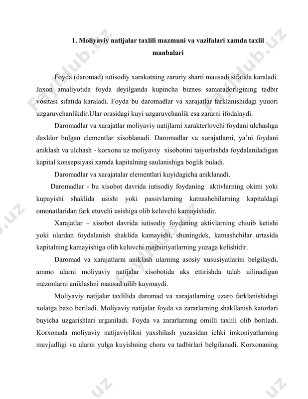 ad uilib kuymaydi. moliyaviy natijalar taxlilida daromad va xarajatlarning uzaro farklanishidagi xolatga baxo beriladi. moliyaviy natijalar foyda va zararlarning shakllanish katorlari buyicha uzgarishlari urganiladi. foyda va zararlarning omilli taxlili olib boriladi. korxonada moliyaviy natijaviylikni yaxshilash yuzasidan ichki imkoniyatlarning mavjudligi va ularni yulga kuyishning chora va tadbirlari belgilanadi. korxonaning foydalilik darajaasini xarakterlovchi rentabellik kursatkichi va uning omilli taxlili utkaziladi. taxlil moliyaviy natijalar tugrisidagi xisobotni uuish, vertikal taxlil, gorizontal taxlil, trendli taxlil va kursatkichlarni aniklash usullarida olib boriladi. moliyaviy natijalar tugrisidagi xisobotni uuishda uning satrlar buyicha kursatkichlar tartiblanishiga, moliyaviy natijaviylikni xarakterlovchi umumiy katorlarning kiymat ifodasi, xisobot davri va utgan yilning shu davri buyicha ma’lumotlarga umumiy izox beriladi. vertikal taxlilda moliyaviy natijalarning shakllanishini bir katorli va kup katorli usullarida uzaro farklanishlarga va nisbiy uzgarishlar baxo beriladi. gorizontal taxlilida esa moliyaviy natijalarning buylamasiga tarkiblanishi va ularning uzgarishlari urganililadi. asosli yoki trend taxlilida moliyaviy natijalar va ularning yillir buyicha uzgarishi, dinamikasi yoki asos yiliga nisbatan …