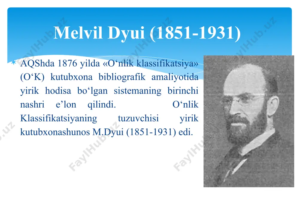 0 yildan bugunga qadar xhf fan va texnika taktibini hisobga olgan holda universal o‘nlik klassifikatsiyaga o‘zgartirishlar kiritib boradi. universal o‘nlik klassifikatsiyaning rivojlantirish bilan xhf (xalqaro hujjatlar federatsiyasi) shug‘ullangan «dp-notes» «p-notes» (proekti predlojeniy) «takliflar loyihasi» va «takliflar». bu nashlarda turli mamlakatlardan uo‘k jadvaliga tashkilotlar tomonidan, olim va mutaxasssislar tomonidan indekslarga kiritilishi mumkin bo‘lgan o‘zgartirishlar, to‘ldirishlar haqidagi taklif mulohazalar chop etiladi. xhf tomonidan maxsus nashrlar chiqariladi. bu takliflar 6 oy ichida boshqa mutaxassislar, tashkilotlar tomonidan rad etilmasa, kuchga kiradi va xhfning maxsus «extensions and corrections to the udc» (uo‘k ga o‘zgartirishlar va qo‘shimchalar) nashrida chop etiladi. yiliga ikkita soni chiqadi. 3 yillik seriya hisoblanadi. 6ta son. «extensions and corrections to the udc» pol otle (paul otlet) (1868-1944) uo‘k ni faqat yevropa emas, lotin amerika mamalakati, afrika, osiyo, avstraliya ham qo‘llagan. uning targ‘ibotida xalqaro bibliografik institutining (xbi) ilmiy kotibi pol otle hissa qo‘shgan. hujjatni mazmunini bitta indeks ochib berilmasa, hujjatda ikki yoki undan …