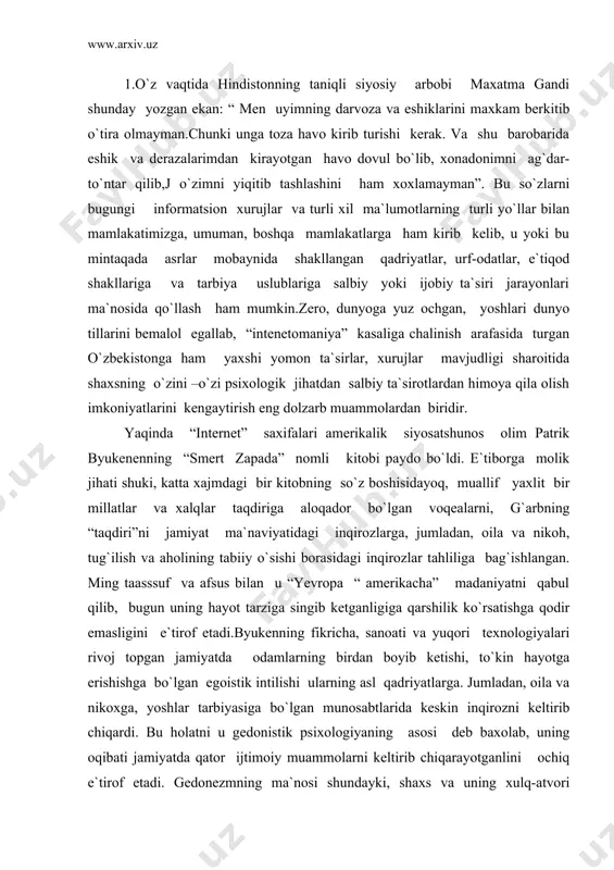 ”ni jamiyat ma`naviyatidagi inqirozlarga, jumladan, oila va nikoh, tug`ilish va aholining tabiiy o`sishi borasidagi inqirozlar tahliliga bag`ishlangan. ming taasssuf va afsus bilan u “yevropa “ amerikacha” madaniyatni qabul qilib, bugun uning hayot tarziga singib ketganligiga qarshilik ko`rsatishga qodir emasligini e`tirof etadi.byukenning fikricha, sanoati va yuqori texnologiyalari rivoj topgan jamiyatda odamlarning birdan boyib ketishi, to`kin hayotga erishishga bo`lgan egoistik intilishi ularning asl qadriyatlarga. jumladan, oila va nikoxga, yoshlar tarbiyasiga bo`lgan munosabtlarida keskin inqirozni keltirib chiqardi. bu holatni u gedonistik psixologiyaning asosi deb baxolab, uning oqibati jamiyatda qator ijtimoiy muammolarni keltirib chiqarayotganlini ochiq e`tirof etadi. gedonezmning ma`nosi shundayki, shaxs va uning xulq-atvori motivlarida faqat nimalardandir lazzatlanish, qoniqish olish va o`zidagi ichki ruhiy iztiroblardan holi bo`lishga intilish ustivor bo`ladi. to`g`ri, aslida insonning to`q va farovon hayotga intilishi, boy –badavlat yashashni xoxlagani ayb emas, lekin bunday to`kinchilik insoniylikka qarshi bo`lishi mumkin emas. muallifning tashvishi va uni xavotirga solgan narsa shuki, bunday ong va shuurdagi …