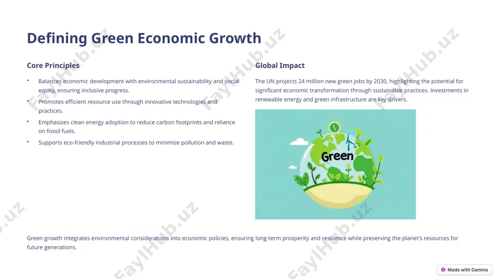 essential for fostering a sustainable and resilient economy that benefits both people and the planet. green innovation, particularly, can drive the development of eco-friendly industrial processes and technologies. 4 the economic and environmental benefits economic benefits renewable energy employed 13.7 million people in 2022 (irena) energy efficiency could increase gdp by 4% by 2030 (world bank) sustainable agriculture prevents long-term productivity loss environmental benefits eu green deal aims to cut emissions by 55% by 2030 un: green transition could prevent 700,000 premature deaths yearly forest conservation absorbs 2.6 billion metric tons of co₂ annually green growth creates numerous economic opportunities while protecting the environment. investing in renewable energy and sustainable practices ensures long-term prosperity and planetary health. 5 social advantages of green initiatives improved health lower pollution reduces respiratory diseases, saving $8 trillion in healthcare (who) energy access clean energy access benefits 2.3 billion people (iea) better cities green cities …