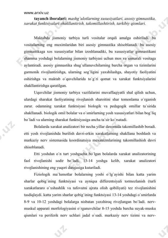 olalarning yoshi o`lg`ayishi bilan katta yarim sharlar qobig`ining funktsiyasi va ayniqsa differentsiyali tormozlanish (turli xarakatlararo o`xshashlik va tafovutni ajrata olish qobiliyati) tez rivojlanishini tasdiqlaydi. katta yarim sharlar qobig`ining funktsiyasi 13-14 yoshdagi o`smirlarda 8-9 va 10-12 yoshdagi bolalarga nisbatan yaxshiroq rivojlangan bo`ladi. nerv-muskul apparati morfologiyasini o`rganuvchilar 8-15 yoshda barcha suyak-musku qismlari va periferik nerv uchlari jadal o`sadi. markaziy nerv tizimi va nerv-muskul apparatining funktsional imkoniyatlari oshadi, muskullarning og`irligi va shajmi oshadi, nisbiy kuchning o`ta oshishi kuzatilganini ta`kidlaydilar. biologik etuklik pasport yoshiga to`g`ri kelmaydi. tengqo`r o`smirlar shar xil jinsiy etuklik darajasida bo`lishi mumkin. bu farq 1-1,5 yil bo`lishi mumkin, jinsiy etuklik esa 12 dan 15 yoshgacha davom etadi. bu davr o`smirlarning xarakat faoliyatiga ancha ta`sir qiladi, chunonchi, bunda xarakat koordinatsiyasining buzilishi kuzatiladi, ish qobiliyati sustlashadi. akseleratsiya sham xarakat funktsiyasining shakllanishiga ta`sir ko`rsatadi. tana qismlarining tez o`sishi jismoniy rivojlanishiga va koordinatsiya faoliyatiga katta ta`sir ko`rsatadi. bolalar va o`smirlar xarakat funktsiyalarini shakllantirishda biologik omillarni …