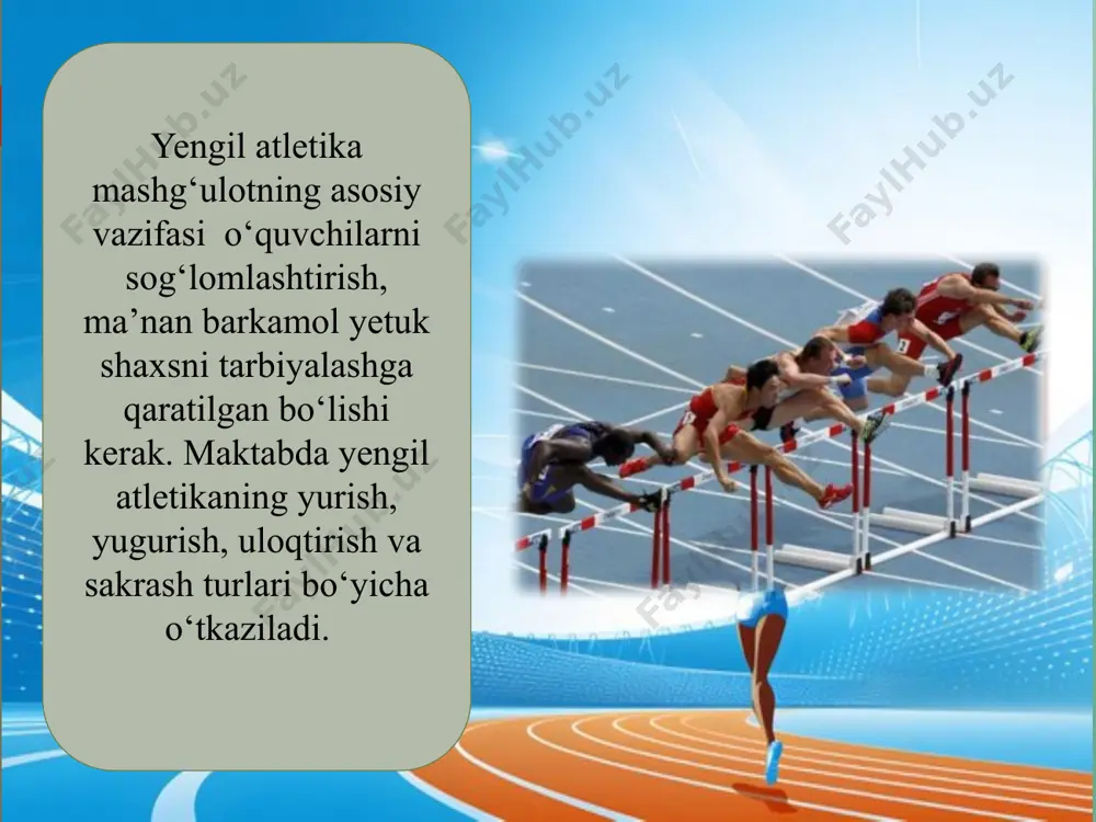 kka sakrash. turgan joyida tosni depsinish nihoyasidagi kabi olg‘a chiqarib va silkinch oyoq tizzazini ko‘tarib, depsinishdagi harakatlarga taqlid qilish. turgan joyidan bir oyoqda depsinib sakrash va silkinch oyoqda yerga tushish. 30-40 m ga oyoqdan oyoqga sakrash. qisqa va o‘rta masofalarga yugurish: tizzalarni baland ko‘tarib yugurish, sakrab-sakrab yugurish, prujinasimon harakatlanib oyoqlarni keng tashlab yurish, shtangani yelkada ko‘tarib yurish (oyoqlarni bukkan holatda), turli balandliklarga yugurish va tushish, zinapoyalar bo‘ylab yugurish, turli to‘siqlar ustidan oyoqlarni almashtirib sakrab yugurish yugurishda har bir 1-3 qadamda depsinib harakatlanish, sakrab orqadagi oyoqni oldinga siltash. granata va tennis koptogini uloqtirish: qaychi qadamlar bilan granatani yelkada ushlab yurish, granatani gavda orqasidan oshirib uloqtirish, granatani 3-5 qadamdan yugurib kelib uloqtirish o‘zbekiston mustaqillikka erishgandan so‘ng yengil atletikada yangi davr boshlandi. xususan, “o‘zbekiston yengil atletika federatsiyasi” 1992 yil xalqaro yengil atletika federatsiyasi “iaaf”ga ahzo bo‘lib kirdi. 1993 yilda esa “osiyo yengil atletika assotsiatsiyasi” tarkibiga qabul qilindi o‘zbekiston terma jamoasi birinchi marta 1994 …