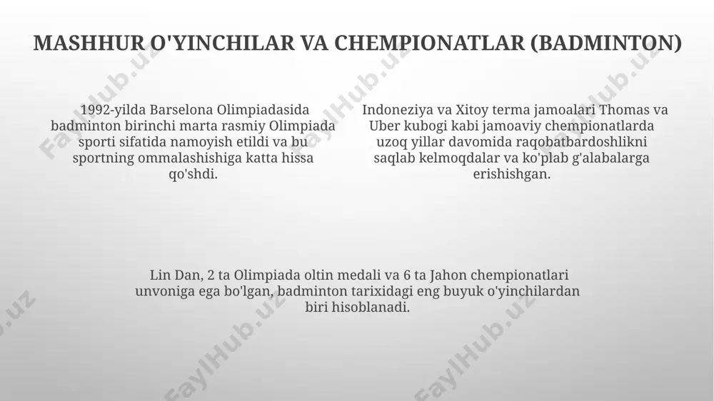 ri va o'yinlar orqali 10 yoshgacha bo'lgan bolalar sonining 20% ga ko'payishi kutilmoqda. zamonaviy stol tennisi qoidalari xizmat qilishda to'pni beldan pastroqdan, vertikal ravishda yuqoriga tashlash va bir marta urish kerak. to'p stolning o'z yarimida tushib, keyin raqibning yarimiga o'tishi kerak, aks holda xato hisoblanadi. o'yin davomida har bir o'yinchi maksimal 2 ta xato qilishi mumkin. agar o'yinchi 2 ta xatodan keyin yana xato qilsa, raqib ochko oladi va xizmat raqibga o'tadi. zamonaviy stol tennisi qoidalariga ko'ra, o'yin 11 ochkoga yetishgacha davom etadi va g'alaba qozonish uchun 2 ochko farq bo'lishi shart. har bir setda to'pni birinchi bo'lib o'ynaydigan o'yinchi tasodifiy tarzda aniqlanadi. butun dunyoga tarqalishi stol tennisi 20-asr boshlarida angliyada paydo bo'lib, 1926-yilda xalqaro stol tenisi federatsiyasi (ittf) tuzilishi bilan birga dunyo bo'ylab tez sur'atlarda tarqaldi, milliy federatsiyalar soni keskin o'sdi. ikki o'yin ham olimpiada o'yinlari dasturiga kiritilishi bilan (badminton 1992, stol tenisi 1988) jahon miqyosidagi mashhurlikka erishdi va …