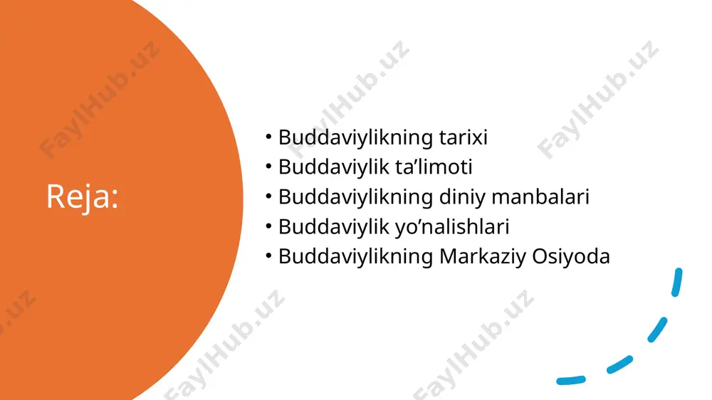 va hissiyotga berilmaslikda ham aks etgan. buddaviylik ta’limotiga ko’ra 3 olam mavjud: 1-olam: nirvana- “ko’chish, so’lish”- unda odam barcha tashvishlardan ozod bo’ladi, hech bir istak-xohishlarga o’rin qolmaydi 2-olam: rupaloka- “jannat”-”boddxistvatlar” (mohiyati bilim bo’lgan inson) istiqomat qiladigan joy. unga amitabha-buddaning biri hukmronlik qiladi. 3-olam: kamolaka- “do’zax”-eng quyi olamdir. bu yerda odamlar va hayvonlar yashaydi. olamning bu qismida ruh qafasda yashaydi buddaviylik ta’limoti 4 ta asosiy qarash mavjud: 1) “azob–uqubat haqidagi haqiqat”. 2) “azob–uqubat sabablari haqidagi haqiqat”. 3) “azob–uqubatlardan xalos bo‘lish haqidagi haqiqat”. 4) “azob–uqubatlardan qutulishning najot yo‘llari haqidagi haqiqat”. buddaviylar har oyda ikki marta “tiyilish kuni” marosimini o‘tkazadilar. ibodatdan oldin muattar hid taralib turishi uchun budda haykali atrofiga gullar qo‘yilib, shamlar yoqilgan. ibodat budda haykaliga qarab bajariladi. buddaviy rohiblar muqaddas kitobdan parchalar o‘qishadi. marosim tugagach, rohiblar ibodatga kelgan kishilar ustiga, ular o‘z navbatida yerga suv sepadilar. shu yo‘l bilan rohiblar bilan oddiy kishilar o‘zlaridagi yaxshi hislatlarni o‘zaro baham ko‘rishga intilishlarini namoyish …
