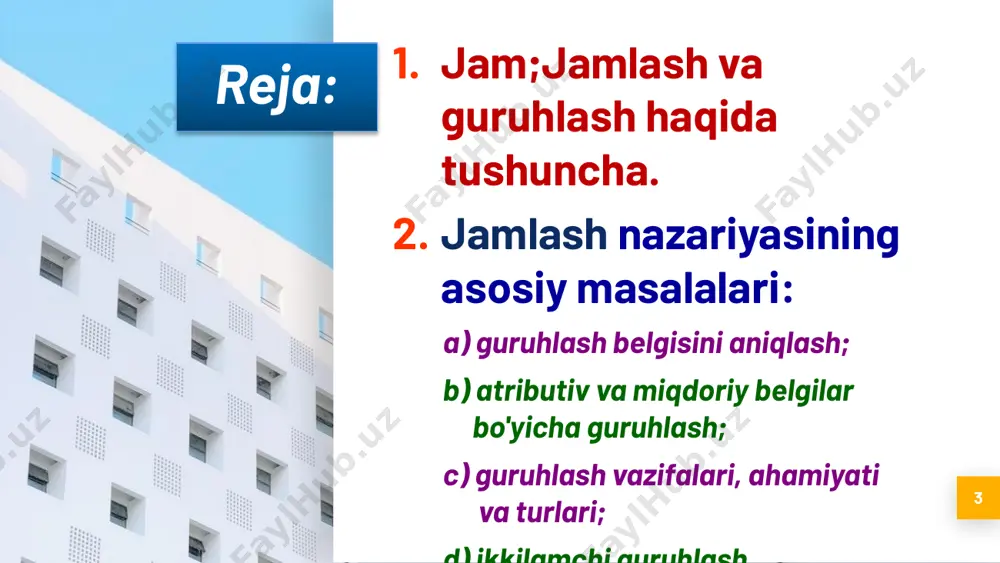 yrim korxona-larda ishlab chiqarish hajmi  oshgan, ayrim-larida esa  pasaygan. ishlab chiqarish hajmini yanada oshirish bo'yicha ichki rezervlar aniqlanmagan. o'rtacha 109,9% o'sish sur'ati orqasida ayrim negativ holatlar yashirinib qolgan. shuning uchun keng ma'nodagi murakkab jamlash (svodkalash) ishlarini tashkil qilish talab qilinadi. jamlash va guruhlash haqida tushuncha 8 keng ma'nodagi jamlashning asosiy elementi bo'lib - guruhlash hisoblanadi. guruhlash deganda – statistik to'mlamni oldindan aniqlangan belgi bo'yicha bir qancha guruhlarga ajratish tushuniladi. jamlash va guruhlash haqida tushuncha 9 keng ma'nodagi murakkab jamlash (svodkalash): 1) guruhlash va har bir guruh bo'yicha jamlarini hisoblash; 2) umumiy statistik jadvalning maketini tuzish va unga guruhlar bo'yicha hisoblangan jamlar yozilishini qamrab oladi. jamlash va guruhlash haqida tushuncha 10 yuqorida keltirilgan 10 ta korxonani o'sish sur'atlari bo'yicha 4 ta guruhga ajratamiz. 1 – guruh. ishlab chiqarish hajmi pasayib ketgan korxonalar (100% gacha) korxonalar ishlab chiqarilgan mahsulot (mln. so’m) o‘sish sur’ati (foizda) 2 40 39 97,5 % 5 …