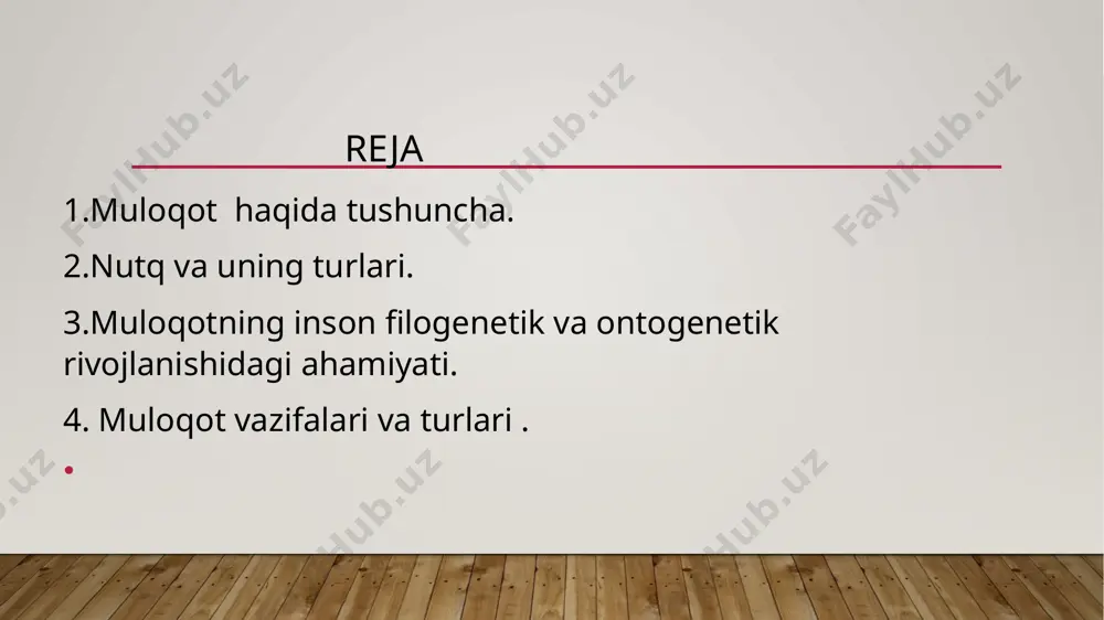 d etishi mumkin. 4. imo-ishoralar muloqot vositasi sifatida umumiy qabul qilingan, ya’ni, belgilangan ma’noga ega bo‘lishi yoki ekspressiv, ya’ni, nutqning ifodaliligini yanada oshirishi mumkin. 5. suhbatdoshlar muloqotidagi masofa madaniy, milliy an’analarga, suhbatdoshga bo‘lgan ishonch darajasiga bog‘liq bo‘ladi. verbal muloqot faqat insonga xos bo‘lib, zarur shart sifatida tilni o‘zlashtirishni belgilab beradi. nutq muloqot vositasi sifatida bir vaqtning o‘zida ham axborot manbai sifatida, ham suhbatdosh bilan o‘zaro ta’sirlashuv vositasi sifatida namoyon bo‘ladi. buyuk shoir sa’diyning so‘zlarini yodda tutish lozim: «aqling bormi yoki yo‘q, buyukmisan yo kichik, biz bilmaymiz, sen bir so‘z atmaguningcha». verbal (nutq) muloqot tarkibiga: so‘zlar, iboralar ma’nosi va mohiyati kiradi. asosiy o‘rinni so‘zning qo‘llanilish aniqligi, uning ifodalanishi va hammabopligi, tovushlar, so‘zlar talaffuzi, ohang ifodasi va mohiyati egallaydi. nutqdagi tovush hodisalari: nutq jadalligi, tovush balandligi modulyasiyasi, tovush toni, nutq vazni, tovush sifati, ohangi, aniqligidan iborat. tovush sifatining ifodalanishi: o‘ziga xos maxsus tovushlar: kulgu, hiqillash, yig‘i, pichirlash, xo‘rsinishlar va boshqalar; ajratuvchi tovushlar …