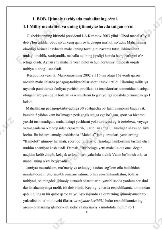ning oila va oilaviy tarbiyaga bo`lgan talabi ham kun sayin ortib bormoqda. zotan, ota-onalarning bolalar tarbiyasi yuzasidan mas`uliyatini kuchaytirish, tarbiyalashga oid layoqatini oshirish, oilaviy va ijtimoiy tarbiya birligini ta`minlash hozirgi kunning dolzarb masalasidir. oila o`zining tarixiy taraqqiyoti davrida uzoq va murakkab yo`lni bosib o`tdi. bu yo`lning o`ziga xos xususiyatlaridan biri jamiyatning o`zaro aloqalari va ijtimoiy vazifalarining tubdan o`zgarganligidir.[footnoteref:2] jamiyatning ijtimoiy, iqtisodiy tuzilishining o`zgarishi oilaning shakllanishiga, uning o`zaro aloqa shakllariga ta`sir ko`rsatadi. ayniqsa, jamiyatning moddiy texnika va ma`naviy yonalishidagi o`zgarishlari oila faoliyatining o`zgarishiga sabab bo`lmoqda. bunday o`zgarishlar oila qurish, mehr-muhabbat, o`zaro do`stlik va farzand ko`rishni rejalashtirishda o`z ifodasini topmoqda. davlatimiz oilalarni o`zining olib boradigan siyosati markazida olib qaraydi. shu sababli imkoniyat doirasida moddiy va ma`naviy erdam berishga majbur. oilaviy tarbiyani maktab, jamoatchilik bilan uyg`unligini ta`minlashdan manfaatdordir. oilaning eng muhim xususiyatlaridan biri insonlar avlodini ko`paytirishdir. biroq, bu yo`lda bir qancha qiyinchiliklar mavjud. birinchi qiyinchilik shundan iboratki, ilg`or oilalar ham tarbiyaning maqsadini va …