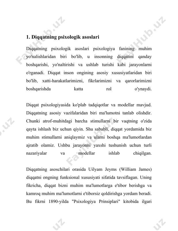 ning rivojlanish bosqichlari diqqatning rivojlanish bosqichlari, insonning aqliy qobiliyatlari ichida muhim o‘rin egallaydi. bu jarayon insonning yoshiga qarab turli bosqichlarda rivojlanadi va har bir bosqich o‘ziga xos xususiyatlar bilan tavsiflanadi. birinchi bosqich, taxminan 0-2 yosh oralig‘ida kuzatiladi. bu davrda bola diqqatning dastlabki belgilari namoyon bo‘la boshlaydi. bolalar to'g'ridan-to'g'ri ta'sirlarga javob beradi va diqqatni ushlab turish qobiliyati juda qisqa muddatli bo'ladi. ushbu davrda diqqatning davomiyligi o'rtacha 3-5 soniyani tashkil etadi. bolalar vizual va eshitish stimullari orqali diqqat saqlashga harakat qiladi. ikkinchi bosqich 2-5 yosh oralig‘ida namoyon bo'ladi. ushbu bosqichda bolalar diqqatini ancha uzoqroq vaqtga qaratishga qodir bo'ladi. diqqat asosan o'yin faoliyatida shakllanadi. bolalar bu davrda bir narsaga diqqatini qaratib, uni 5-10 daqiqa davomida ushlab turishi mumkin. diqqat barqaror bo'lib boradi va kuzatuvchanlik oshadi. biroq, halaqit beruvchi omillar hali ham diqqatni tezda chalg'itishi mumkin. uchinchi bosqich 5-7 yoshni o'z ichiga oladi. ushbu yoshda maktabga tayyorgarlik davri boshlanadi. bolalar diqqatni undan uzoqroq vaqt …