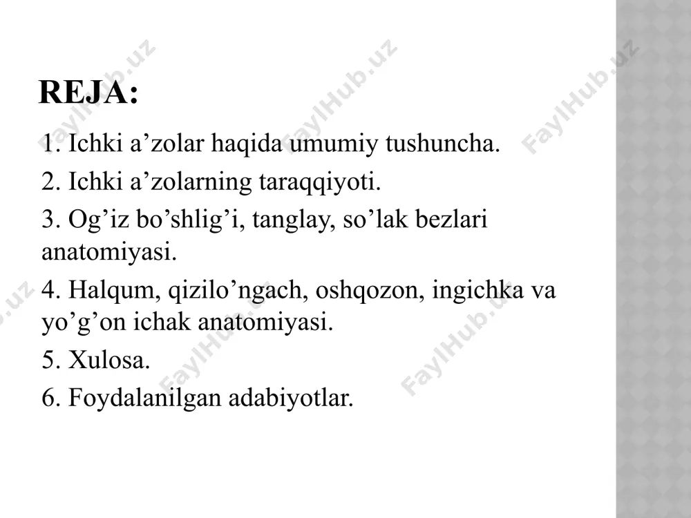 ’qimalarga nisbatan joylashuvi, ya’ni qaysi organlar bilan chegaralanishi. ichki a’zolar tuzilishi jihatdan quyidagicha. naysimon a’zolar - bo’shliq va devordan (shilliq qavat, mushak qavat, seroz yoki adventitsial qavat) iborat. halqum, qizilo’ngach, oshqozon, ichaklar, traxeya, bronx, siydik va o’t yo’llari. parenximatoz a’zolar - to’ldiruvchi degan ma’noni bildiradi. bir xil tuzilishga ega epiteliy xujayralaridan tashkil topgan struktura funksional birligiga ega organlar. (jigar, o’pka, buyrak) spetsifik(maxsus) tuzilishga ega a’zolar. til - mushak a’zo, tish - qattiq to’qimadan tuzilgan a’zo. ichki a’zolarning taraqqiyoti. entodermadan ichak epiteliysi va uning bezlari rivojlanadi, mezenximadan biriktiruvchi to’qima, qon tomirlar va mushak qavatlari, mezodermaning ichki varag’idan esa ichak yo’lining seroz pardasi rivojlanadi. uchinchi haf-taning ohiriga kelib og’izning yutqin membranasi ochiladi va shu bilan oldingi ichak tashqi muhit bilan aloqada bo’ladi. keyinchalik orqa ichakdagi kloakal membrana ham ochilib, ichak kloakal bo’shlig’i bilan bog’lanadi. shu davrdan boshlab ichak nayi 3 qismga bo’linadi: 1. bosh ichak - undan yutqin va qizilo’ngachning yuqori qismi …
