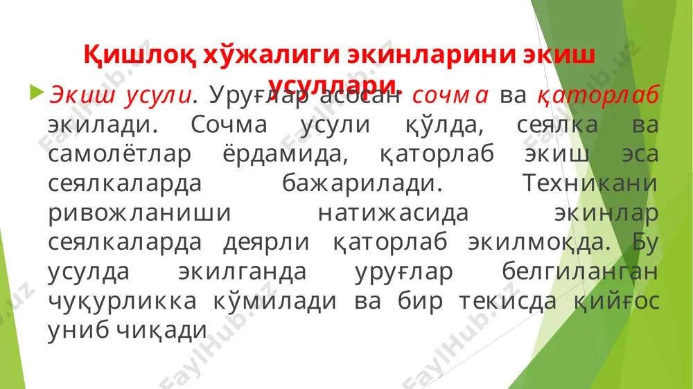 ли чигитни кенг қаторлаб экишда стх-4а ва стх-45 маркали сеялкалардан фойдаланилади. каторлар ва қатордаги ўсимликлар орасининг кенглиги ҳар қайси экиннинг биологик хусусиятига қараб белгиланади. экинлар қаторининг ораси 90 см ва ундан ортиқ бўлиши мумкин. қаторлар ораси тор бўлса, экинни ишлаш қийинлашади. бу усулда экинлар ораси факат чопиқ қилинади. кенг қаторли сer уялаб экиш. суғориладиган деҳқончилик шароитида чигит, маккажўхори, лавлаги ва бошқа экинларни қатор ораларини 60-70 см, ўсимликлар орасини эса 10-30 см дан қилиб экиш усули кўлланилмоқда. экинлар бу усулда экилганда уларнинг турига, жойлашиш қалинлигига ва бошқа хусусиятларига кўра туплар ораси хар хил бўлади. уруғни пуштага экиш усули. кейинги йилларда тупроқнинг табиий нами етарли бўлмаган жойларда чигитни тўлиқ ундириб олиш мақсадида yerлар баҳорда ёки экин экиш олдидан суғорилади. экин экиш олдидан yerни ишлаш сонини камайтириш ва тупроқдаги намни сақлаш учун айниқса, республиканинг жанубий пахтакор хўжаликларида yerлар пушта олиб суғорилиб, yer етилиши биланоқ пуштага чигит экилади. бу усул қуйидагича амалга оширилади. кузда …