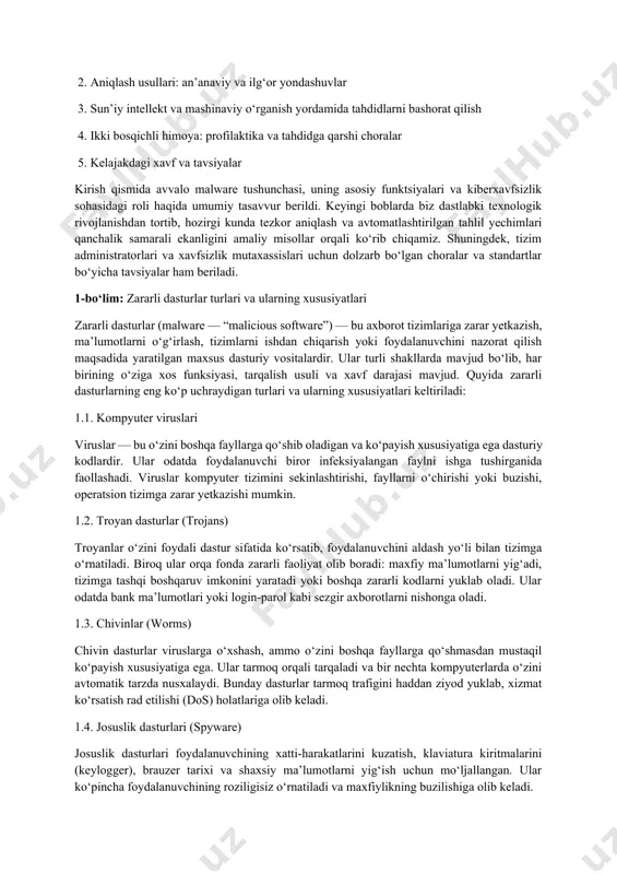 urlarning asosiy turlari — “virus”, “troyan”, “ormonga solingan kod” (worm), “josuslik dasturi” (spyware), “reklama dasturi” (adware), shuningdek, zamonaviy kripto-jinoyatchilik (cryptojacking) kabi xatarlar batafsil tahlil qilinadi. har bir turning texnik xususiyatlari, tarqatilish usullari va tizimlarga yetkazadigan xavfi o‘rganiladi. shuningdek, zararli kodni aniqlash va bartaraf etish jarayonida qo‘llaniladigan metod va vositalar — signaturalarga asoslangan aniqlash, xulq-atvor tahlili (behavioral analysis), “bezakkalarsiz” (heuristic) usullar, mashinaviy o‘rganish (machine learning) hamda sun’iy intellekt texnologiyalari yoritiladi. maqola quyidagi asosiy bo‘limlardan tashkil topadi: 1. zararli dasturlar turlari va ularning xususiyatlari 2. aniqlash usullari: an’anaviy va ilg‘or yondashuvlar 3. sun’iy intellekt va mashinaviy o‘rganish yordamida tahdidlarni bashorat qilish 4. ikki bosqichli himoya: profilaktika va tahdidga qarshi choralar 5. kelajakdagi xavf va tavsiyalar kirish qismida avvalo malware tushunchasi, uning asosiy funktsiyalari va kiberxavfsizlik sohasidagi roli haqida umumiy tasavvur berildi. keyingi boblarda biz dastlabki texnologik rivojlanishdan tortib, hozirgi kunda tezkor aniqlash va avtomatlashtirilgan tahlil yechimlari qanchalik samarali ekanligini amaliy misollar orqali …