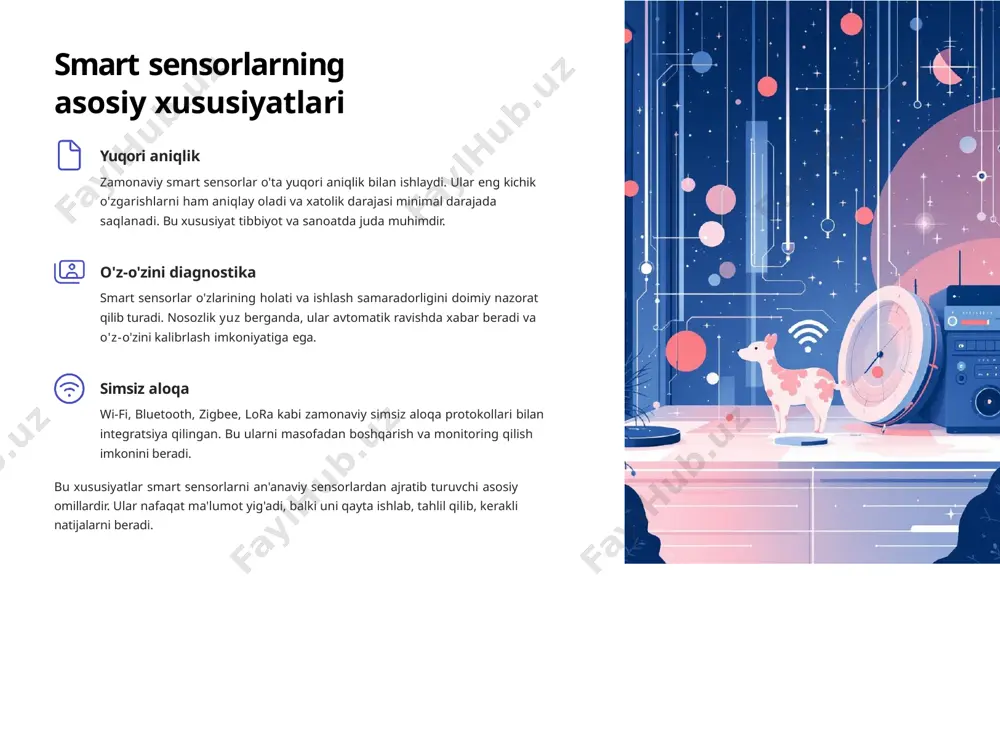 2028-2030 ai integratsiyasi: sun'iy intellekt bilan to'liq birlashtirilgan sensorlar o'z-o'zini o'rgatadi va murakkab qarorlar qabul qiladi. 3 2030-2035 biointegrasiya: tirik organizmlar bilan birlashtirilgan sensorlar yangi turdagi tashþcÿ va davolash usullarini yaratadi. kelajakda smart sensorlar yanada kichikroq, arzonroq va aqlli bo'ladi. ular energiya samaradorligi va barqarorlik jihatidan ham sezilarli yaxshilanishlar ko'rsatadi. quantum sensorlar, bio-sensorlar va o'z-o'zini ta'mirlovchi sensorlar kabi yangi texnologiyalar paydo bo'lmoqda. energiya tejash sohasida wireless power transfer texnologiyasi sensorlarni batareyasiz ishlash imkonini beradi. umuman olganda, kelajakdagi sensorlar nafaqat ma'lumot yig'uvchi, balki mustaqil qaror qabul qiluvchi va harakat qiluvchi agentlar bo'lib qoladi. smart sensorlar yordamida hayotni qanday o'zgartirish mumkin? sog'liqni saqlash masofadan monitoring tizimi bemorlarning holatini 24/7 kuzatib turadi. yurak kasalliklari, diabet, qon bosimi kabi xronik kasalliklarni nazorat qilish va reabilitatsiya jarayonini osonlashtirish. erta ogohlantirish tizimlari hayot qutqaradi. qishloq xo'jaligi precision farming texnologiyalari orqali tuproq namligi, havo harorati, o'simlik kasalliklarini aniqlab, hosildorlikni 30-40% gacha oshirish mumkin. suv va o'g'it iste'molini …