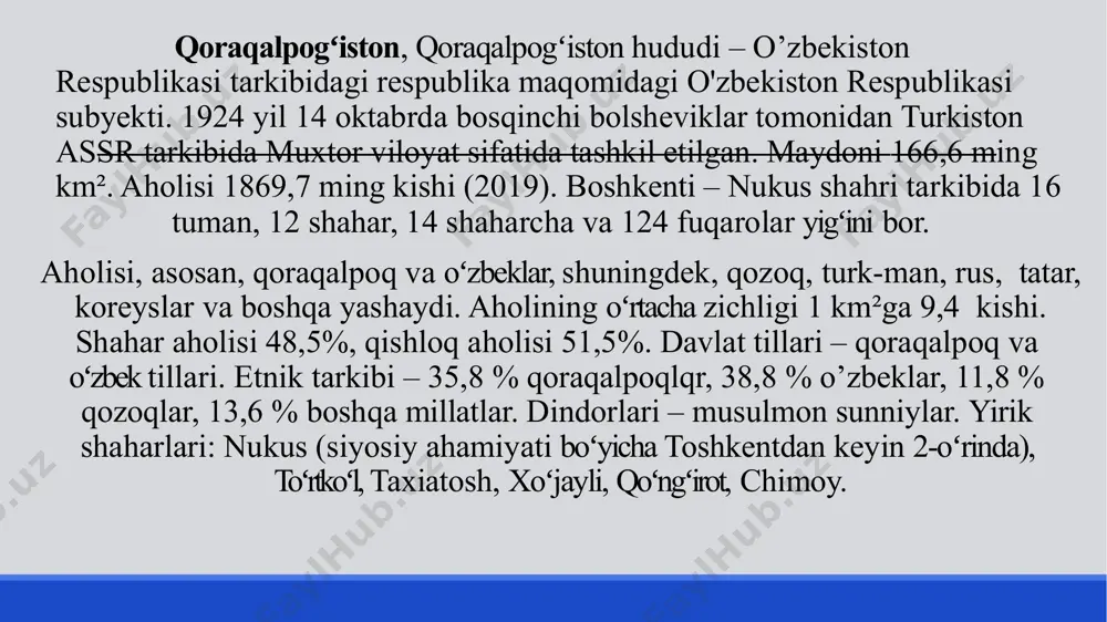 лигига сайлангани билан табриклаб, ўта масъулиятли вазифада муваффақият тилади. йиғилишда қорақалпоғистонни ривожлантириш бўйича келгуси 3 йилга мўлжалланган ўнта устувор йўналиш белгиланди, ҳар бири бўйича тегишли кўрсатмалар берилди президент шавкат мирзиёев нукус шаҳридаги опера ва бахшичилик мактаб-интернатини бориб кўрди. ихтисослаштирилган таълим маскани ўтган ойда ишга туширилди. муассаса 150 ўринга мўлжалланган бўлиб, унга 9 синфни битирган иқтидорли ўқувчи ёшлар танлов асосида қабул қилинади. ҳозирда 30 нафар ўғил-қиз ўқишни бошлади. уларга таниқли санъат усталари ва педагоглар сабоқ бермоқда. давлатимиз раҳбари мактаб ўқувчилари ва ўқитувчилари билан суҳбатлашди. президент шавкат мирзиёев нукус шаҳридаги «қорақалпоқ балиқ саноат» мчж фаолияти билан танишди. корхона йилига 200 тонна балиқ ва 5 миллион дона балиқ личинкалари етиштириш, 5 минг тонна озуқа ем тайёрлаш қувватига эга. шу ерда қишлоқ хўжалиги тармоқларидаги лойиҳалар тақдимот қилинди. давлатимиз раҳбари чорвачиликда оилавий кооперцияни йўлга қўйиб, паррандани кўпайтириш, гўшт нархини арзонлаштириш чораларини кўриш муҳимлигини таъкидлади. давлатимиз раҳбари нукус шаҳрида барпо этилаётган кўп қаватли уй-жойлар ва it-паркни …