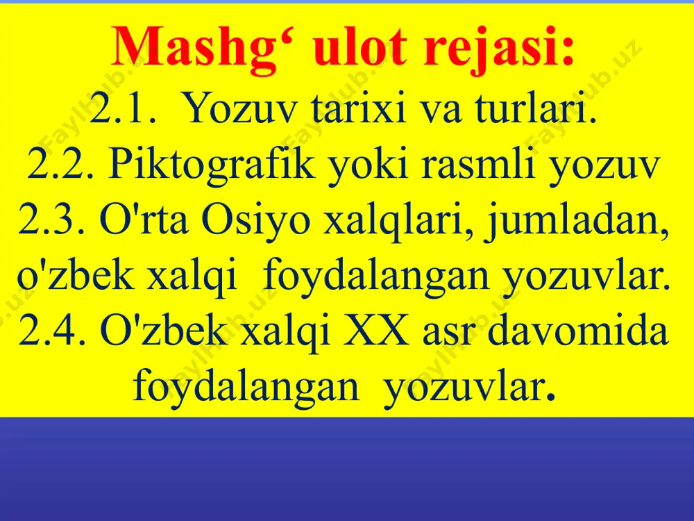 rasmlar o'yib bitilgan, ikkinchidan, bu yozuv «sirli» yozuv turi ham bo'lgan, chunki uni asosan kohinlar - qurbon qiluvchilar bilishgan, xolos) yozuvlar egallay boshladi. piktografik yozuvdan ideografik yozuvga o'tilishiga aytilmoqchi bo'lgan mavhum fikrlarning bu yozuv turida to'liq ifodalashning imkoni bo'lmaganligi sabab bo'ldi. masalan, «o'tkir ko'zlik», «ziyraklik», «hushyorlik» tushunchalarini aynan rasmda ifodalab bo'lmaydi, ularni shu holatlarni kuzatuvchi, ya’ni ko'zni tasvirlash orqali berish mumkin bo'lgan. bunda piktografik yozuvda ko'z rasmi berilganda ko'zning o'zi tushunilgan, ideografik yozuvda esa, «o'tkir ko'zlik», «ziyraklik», «hushyorlik» tushunilgan. eramizdan avvalgi iii ming yillik er.fvvalgi bizning era vi v iii ii i ii … ix xx xxi ideografiya ierogliflar «inson» ieroglifining rivoji «tog‘» ieroglifining rivoji daraxtlar daraxt odam +daraxt qadimgi misr yozuvi ierogliflar – bu qadimiy misr (va b.) yozuvining belgilari bo‘lib, ular bir so‘z yoki bir nechta tovushni bildirgan. . – «og’iz» so’zi va «r» tovushi – «non» so’zi va «t» tovushi «omoch» so‘zi va «m» va «r» tovushlarining …