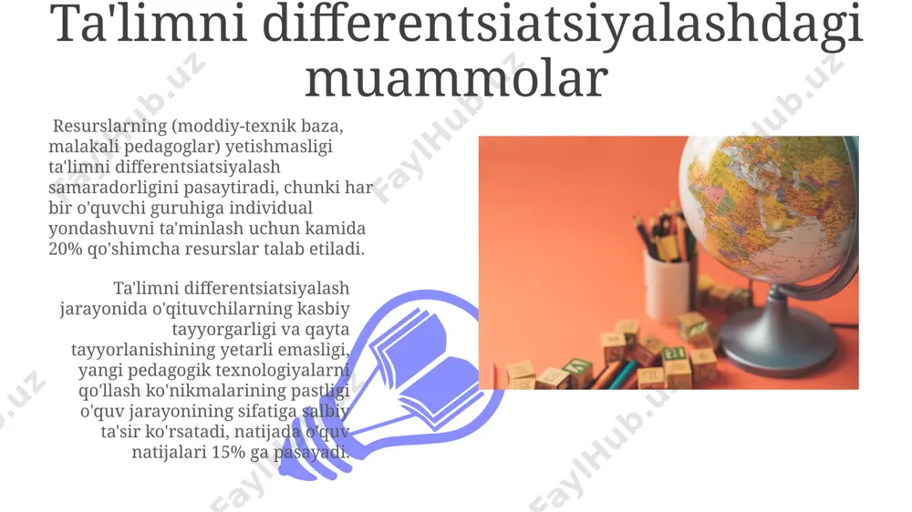 lqaro tashkilotlar 100 dan ortiq mamlakatda ta'limni integratsiyalashtirish va differentsiatsiyalash bo'yicha loyihalarni qo'llab-quvvatlab, texnologik innovatsiyalarni joriy etishga yordam bermoqda. ta'limni integratsiyalashtirishdagi muammolar ta'limni integratsiyalashtirishda, ayniqsa qishloq joylarda, 1000 nafarga yaqin o'quvchi to'g'ri keladigan bitta maktabning mavjudligi kabi infratuzilma muammolari katta to'siq bo'ladi. ta'limni integratsiyalashtirish jarayonida malakali o'qituvchilar yetishmasligi, xususan inklyuziv ta'lim metodikasi bo'yicha 15% dan kam o'qituvchi sertifikatlangan. davlat siyosati va qonunchilik oʻzbekistonda ta’limning integratsiyasi va differentsiatsiyasi masalasida 20 dan ortiq qonun va farmonlar mavjud boʻlib, ularning ba’zilari bir-biriga zid keladi yoki amaliyotda qoʻllanilmaydi. davlat ta’lim siyosatining samaradorligi koʻrsatkichlari, masalan, maktabgacha ta’lim qamrovi (70% dan kam) va yuqori ta’limga kirish darajasi (20% atrofida) kabi omillar orqali baholanishi mumkin. e'tiboringiz uchun rahmat @taqdimot_robot image4.jpg image5.jpg image6.jpg image7.jpg image8.jpg image9.jpg image10.jpg image11.jpg image12.jpg image13.jpg image14.jpg image1.jpeg image2.jpeg image3.jpeg