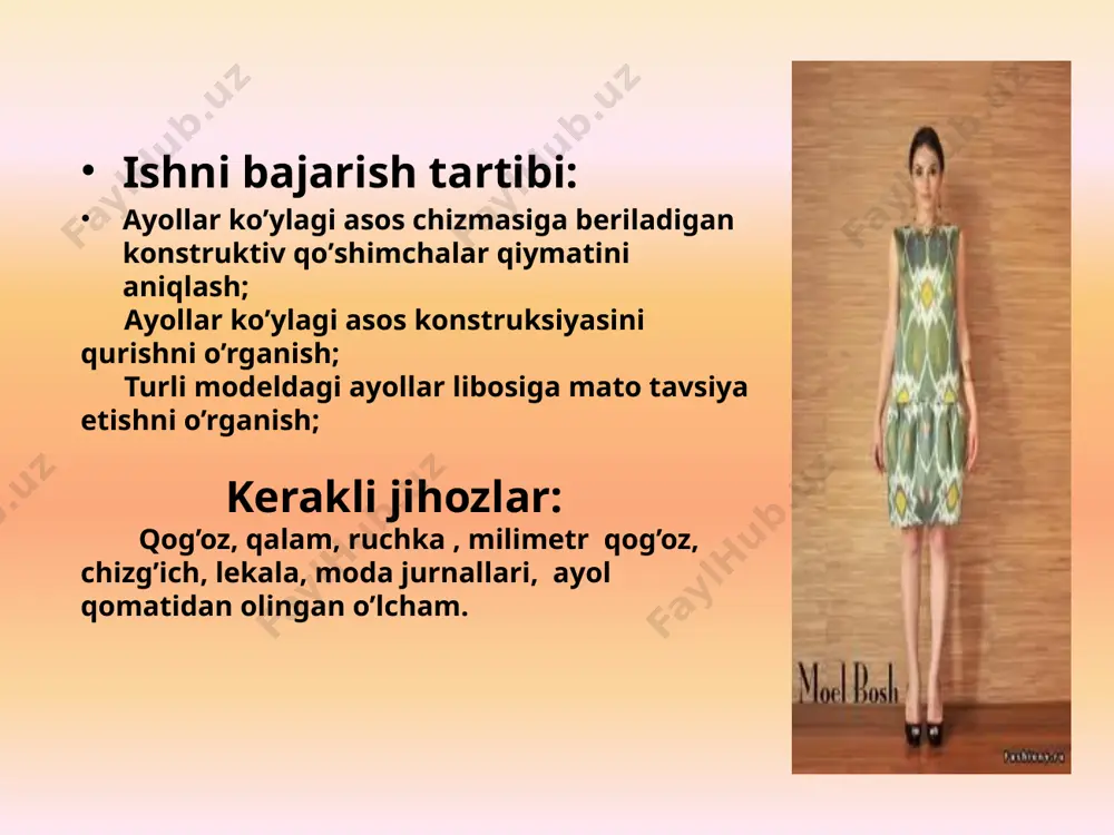 18- nuqtadan chiziladi va unda 18- nuqtadan yelka o’lchami kattaligi yoy bilan belgilanadi. 18-20=6-7-1.5=6.4-1.5 4.9 18-21 18- nuqtadan yoy↙ 18-21=r=shyelka 13.6 16-22 gorizontal bo’yicha chapga 16-22=tsk+ptsk=10.1+0.3 10.4 22-23 vertikal bo’yicha yuqoriga  22-23=(doldbel-vk)+0.5pvk=(53-35.3)+0.8 18.5 23-18 vitochka o’ng tomoni uzunligi o’lchab qo’yiladi va 24-nuqta belgilanadi. 18-24 vitochka kengligi 18-24=2(skii-cki)+1=2(50.2-45.7)+1 10.0 23 - nuqtadan 23-21 orqali kattaligi bilan yoy belgilanadi. 24 nuqtadan shyelka=13.6 kattalikda 2-yoy belgilanadi va 25-nuqta olinadi. 25- nuqta 24-nuqta bilan to’g’ri chiziq orqali birlashtiriladi. 10 yeng o’mizi r1 ort bo’lak pastki qismida radius bilan yoy o’tkaziladi r1=0.55shyengo’m-0.5513.3 7.3 r2 old bo’lak pastki qismida radius bilan yoy o’tkaziladi r2=0.45shyengo’m=0.4513.3 6 g32 gorizontal bilanr1 radiusning kesilish nuqtasi p3 nuqta bilan belgilanadi. g33 r2 gorizontal bilan r2 radiusning kesilish nuqtasi p6 nuqta bilan belgilanadi. p3 nuqta 9 nuqta bilan egri chiziq orqali birlashtiriladi. p6 nuqta 25 nuqta bilan egri chiziq orqali birlashtiriladi. 11 ev ev=shk-(sbel+pbel)=54.2-(37.0+3) 14.2 ort bo’lak vitochka kengligi 0.25σv=0.2514.2 3.6 …