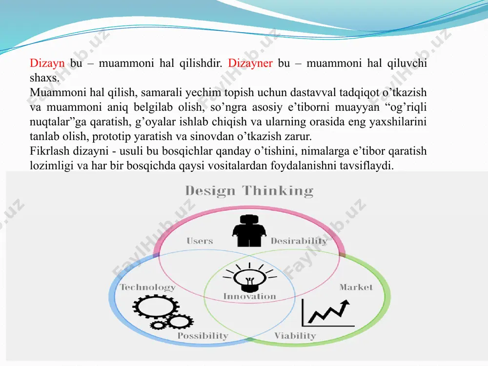 aniga bir nechta g‘oyani sinab ko‘rishga imkon beradi. yechim ishlab chiqish jarayonini boshqarish uchun. o‘zgaradigan shartlarni aniqlash katta muammoni ko‘p sonli kichik va sinab ko‘rish oson bo‘lgan muammolarga ajratadi. 6. test o‘tkazish test o‘tkazish – yaratilgan prototiplar haqida teskari aloqa olishdir. test o‘tkazishda ikki yondashuvdan foydalanish mumkin: oddiy kuzatish: vazifa qo‘yish: foydalanuvchiga prototip berish va uning harakatlarini kuzatish; biror-bir maqsadli harakatni amalga oshirish, masalan, dastur yordamida biznesni boshqarish strategiyasini ishlab chiqish. “99,9 foiz xizmatchilar doimo bir joyda qotib qoladilar, chunki ular fikrlashni bilmaydilar. insonlarni fikrlashga majburlab bo‘lmaydi, faqatgina ularga fikrlash uchun sharoit yaratib berish lozim. shu jihatdan ta'lim muassasalarida tinglovchilarga nima haqida fikrlashni emas, balki qanday fikrlashni o‘rgatish maqsadga muvofiq bo‘lar edi. “general electric” kompaniyasining sobiq bosh direktori djek uelch dizayn fikrlashning klassik modeli bir necha bosqichda qo'yilgan muammolarni hal qilish uchun aniq qidiruvni o'z ichiga oladi. ushbu bosqichlar quyidagicha ajralib turadi: muammoni topish. ko'rib chiqilayotgan masalaga e'tibor qarating va …