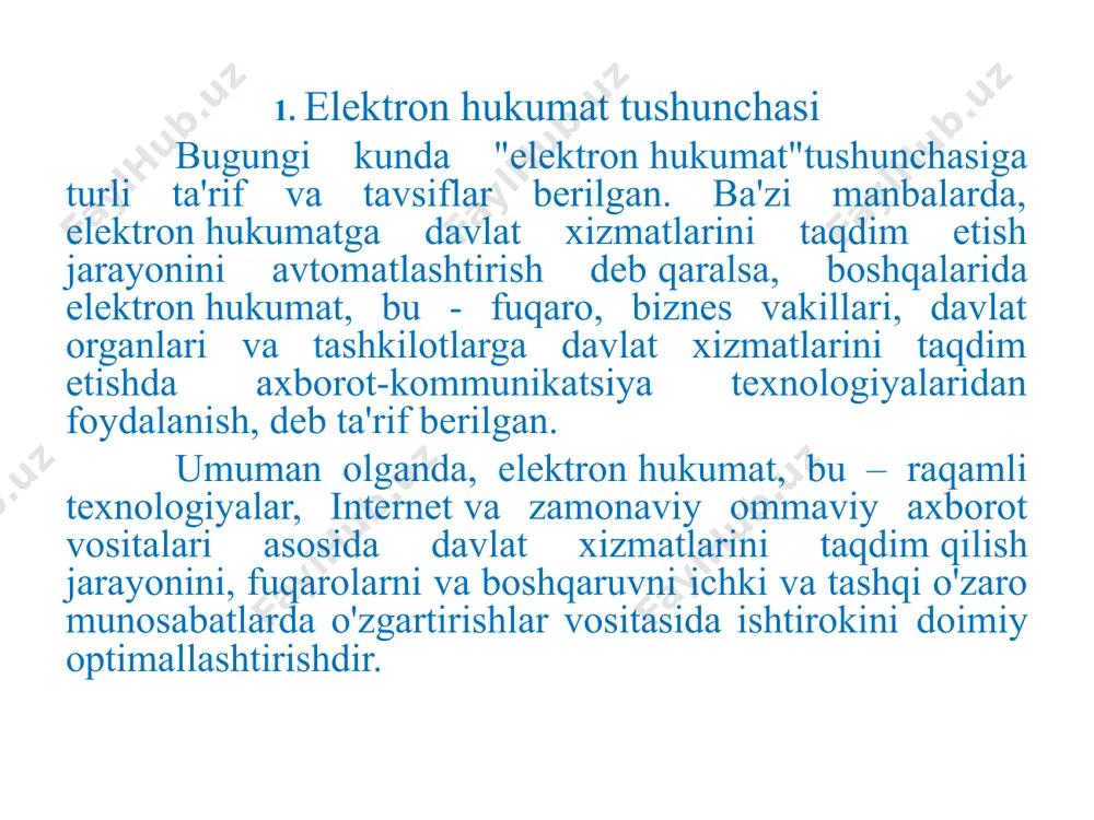 oniyati vujudga keladi, fuqarolarni siyosiy jarayonlarga va davlat boshqaruviga jalb etish imkoniyati yuzaga keladi, axborotlardan foydalanish va ularni almashish tezlashadi, davlat xizmatlarini aholi va biznes vakillariga taqdim etish optimallashadi, fuqarolarni o'z-o'ziga xizmat qilish imkoniyati paydo bo'ladi, shu bilan birga, barcha foydalanuvchilarga davlat xizmatlarini taqdim etish bilan bog'liq boshqa afzalliklar va qulayliklar taqdim etiladi. hujjat tushunchasi. hujjat - matn, tovush yoki tasvir shaklida yozilgan axborot bo‘lib, zamon va makonda uzatish hamda saqlash va jamoat tomonidan foydalanish uchun mo‘ljallangan moddiy ob’ektdir. hujjat turlari. hujjat turlari – hujjatlarni o‘z shakliga ko‘ra quyidagi turlarga ajratish mumkin: matnli hujjatlar. qog‘ozga yozuv mashinasi, qo‘l yoki axborot kommunikatsiya vositalari yordamida tushirilgan qandaydir ma’no beruvchi so‘zlar ketma-ketligidir. tovushli hujjatlar. ovoz yozish vositalari yordamida yozib olingan tovushli axborot. tasvirli hujjatlar. fotosurat, rang tasvir mahsuli. elektron hujjat. elektron hujjat o‘zbekiston respublikasining “elektron hujjat aylanishi to‘g‘risida”gi 2004 yil 29 apreldagi 611-ii son qaroriga binoan quyidagicha ta’riflanadi. elektron shaklda qayd etilgan, elektron …