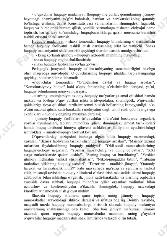 millat taraqqiyotiga nisbatan ishonchga ega bo’lishi. baynalminallik («inter» – orasida, o’rtasida, aro, «natio» – xalq) o’zga millat va elatlarning haq-huquqlari, erki, urf-odatlari, an’analari, turmush tarzi, tili hamda vijdon erkinligini hurmat qilish, ularning manfaatlariga ziyon yetkazmaslikni ifoda etuvchi shaxsga xos ma’naviy-axloqiy fazilatlardan biridir. o’quvchilar o’rtasida vatanparvarlik va baynalminallik tarbiyasi ularga oid mavzularda suhbat, davra suhbati, matbuot konferantsiyasi, viktorina, uchrashuv, ko’rik-tanlov, bahs-munozaralar tashkil etish kabi shakllarda amalga oshirilishi mumkin. shuningdek, muzeylarga ekskursiyalar uyushtirish, vatanparvarlik va baynalminallik mavzularida yaratilgan asarlar mazmunini birgalikda o’rganish, kinofilmlar tomosha qilish ham o’zining ijobiy natijasini beradi. harbiy vatanparvarlik tarbiyasi yoshlarni vatan himoyasi hamda harbiy mudofaaga tayyorlash, ularda favqulotda holatlarda harbiy mudofaani tashkil etish ko’nikma va malakalarini shakllantirishga yo’naltirilgan pedagogik jarayon. harbiy-vatanparvarlik tarbiyasining maqsadi yoshlarni vatan himoyasi hamda harbiy mudofaaga tayyorlash, ularda favqulotda holatlarda harbiy mudofaani tashkil etish ko’nikma va malakalarini shakllantirishdan iborat bo’lib, mazkur jarayonda quyidagi vazifalar amalga oshiriladi: 1) o’quvchilarga fuqaro mudofaasi hamda harbiy bilim asoslarini bo’yicha …