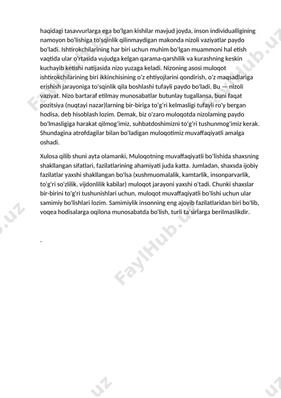 adi. avval elementar o'zini tutish, kattalarga qanday gapirish, salom berish, minnatdorchilik bildirish kabi usullar tarkib topadi. maktab yoshi davrida va keyinchalik shaxs ijtimoiy-psixologik treninglar orqali muloqotga o'rgatiladi. shaxsning o'zi bu usullarga ijobiy munosabat bildirishi, faol harakat qilishi zarur. chunki shaxs muloqotda bo'lmasdan faoliyat subyekti sifatida ham, individual inson sifatida ham to'laqonli rivojlana olmaydi. a.a. bodalyev fikricha, hatto o'yin faoliyatida bola muloqotda bo'ladi. ta’lim jarayonining asosida muloqotga o'rgatish masalasi turadi. mehnat ta’limi jarayonida kishilar doimo muloqotga ehtiyoj sezadilar. muloqotning tarbiyaviy ahamiyati shundaki, u insonning dunyoqarashini kengaytiradi va psixikasini rivojlantiradi. ya’ni barcha ruhiy jarayonlar muloqot orqali shakllanadi. muloqot orqali biz his-tuyg'ularimiz va tashvishlarimizni yetkazamiz. muloqot jarayonida boshqa odam ham xuddi shunday qiladi, buning natijasida hissiy almashinuv sodir bo'ladi. qanchalik tez-tez biz boshqa odamning kayfiyati bizga yetkazilganligini va bu ta'sirga faqat his-tuyg'ular almashinuvi tufayli erishilganini payqaymiz va bu ongsiz ravishda sodir bo'ladi. muloqot jarayonida biz tajribalar yukini oshiramiz yoki uni kamaytiramiz. hech o'ylab …