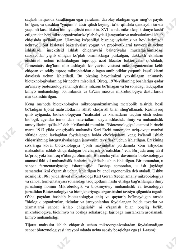 molekulyar biotexnologiyaning rivojlanishi molekulyar biotexnologiyaning paydo bo'lishi mikroorganizmlar mavjudligini yoki genlar meros birligi ekanligini bilishimizdan ancha oldin, odamlar oziq-ovqat ishlab chiqarishni ko'paytirish, oziq-ovqat mahsulotlarini saqlash va kasallarni davolash usullarini ishlab chiqish uchun tabiiy dunyoga qarashgan. ota-bobolarimiz donni pivoga fermentatsiya qilish orqali saqlab qolish mumkinligini aniqladilar; ot egarlarini otxonaning issiq, nam burchagida saqlash natijasida kasallangan egar yaralarini davolay oladigan egar mog‘or paydo bo‘lgan; va qasddan "yuqumli" ta'sir qilish keyingi ta'sir qilishda qandaydir tarzda yuqumli kasallikdan himoya qilishi mumkin. xvii asrda mikroskopik dunyo kashf etilganidan beri mikroorganizmlar ko'plab foydali jarayonlar va mahsulotlarni ishlab chiqishda qo'llanilgan. ularning ko'pchiligi bizning uylarimiz va hovlilarimizda uchraydi. sut kislotasi bakteriyalari yogurt va probiyotiklarni tayyorlash uchun ishlatiladi, insektitsid ishlab chiqaruvchi bakteriyalar muzlatgichimizdagi sabzavotlar yig'ib olingan ko'plab o'simliklarga purkalgan, dukkakli ekinlarni etishtirish uchun ishlatiladigan tuproqqa azot fiksator bakteriyalar qo'shiladi, fermentativ dog'larni olib tashlaydi. kir yuvish vositasi mikroorganizmdan kelib chiqqan va oddiy tuproq mikroblaridan olingan antibiotiklar yuqumli kasalliklarni davolash uchun …