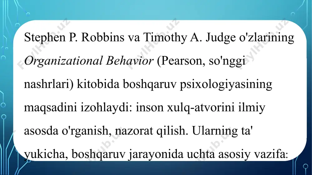 ubiga ham bog'liq. norasmiy norasmiy — ishchilar rasmiy tuzilmasidan tashqari o'zaro aloqalar orqali ham ish jarayoniga ta'sir ko'rsatadilar. motivatsiya — maosh va tashkilot rag' bilan cheklanmaydi; e'tibor, tan olinishi va ijtimoiy qo'llab-quvvatlash ham yordam beradi. rahbarlik uslubi — insonparvar va demokratik mehnatni tiklash. “inson munosabatlari” maktabining jamiyati elton mayo hawthorne tajribalari “inson munosabatlari” (insoniy munosabatlar) maktabiga asos soldi. uch yo'nalishning asosiy g'oyalari: tashkilot xodimlarining ijtimoiy munosabatlariga bog'liq; boshqaruv jarayonida insoniy omilni olish shart; rahbarlikni boshqarishni boshqarishni samarali harakat qilish mumkin. boshqaruv psixologiyasiga ta'siri hawthorne tajribalari boshqaruv ilmida burilish yasadi. avvalgi “klassik menejment” maktabi ishni jarayon mexanik tarzda ko'rgan bo'lsa, mayo va uning hamkorlari odamni faqat “iqtisodiy hayvon” sifatida emas, balki murakkab ijtimoiy mavjudot sifatida tushuntirildi. shundan so'ng boshqaruv psixologiyasi alohida soha sifatida rivojlandi. 2.3. klassik eksperiment boshqaruvining boshqaruv psixologiyasiga boshqaruv psixologiyasining rivojlanishida klassikton kurt lewin, el mayo va boshqa olimlarning eksperimentlari asosiy rivojlanish bo'lib xizmat qilgan. bu tajribalar ilm-fanda yangi …
